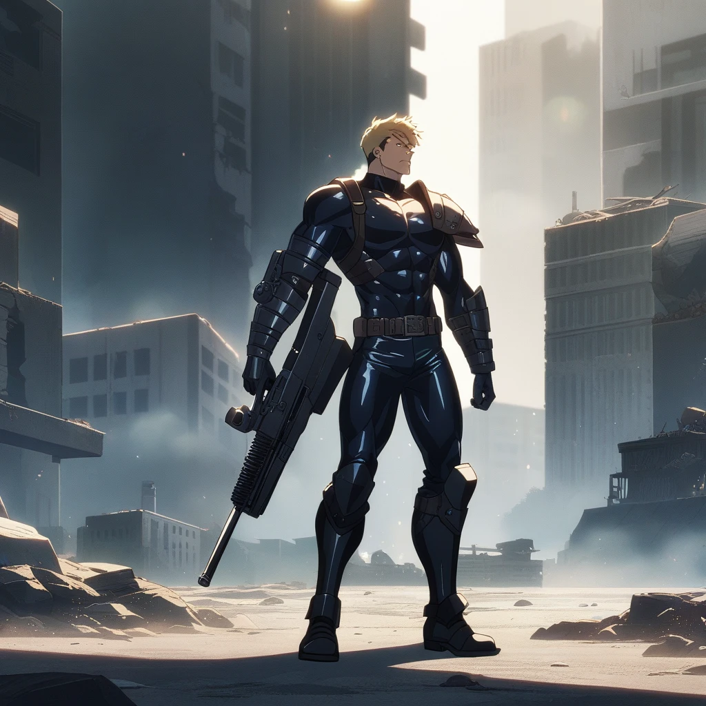1guy, muscular, Science Fiction, solo, male ideal ratio body proportions, latex bodysuit, fullbody, 40yo, facial wrinkles, gunslinger, trench coat, blonde, wolfcut, wideshot, looking at veiwer, Post-apocalyptic, ruined city, [gauntlet, shoulder armor, greaves], shooting gun, 1990s, cinematic shadows, cinematic lighting, lens flare, light leaks, blowing hard, [[[[[anime screencap]]]]], VHS quality