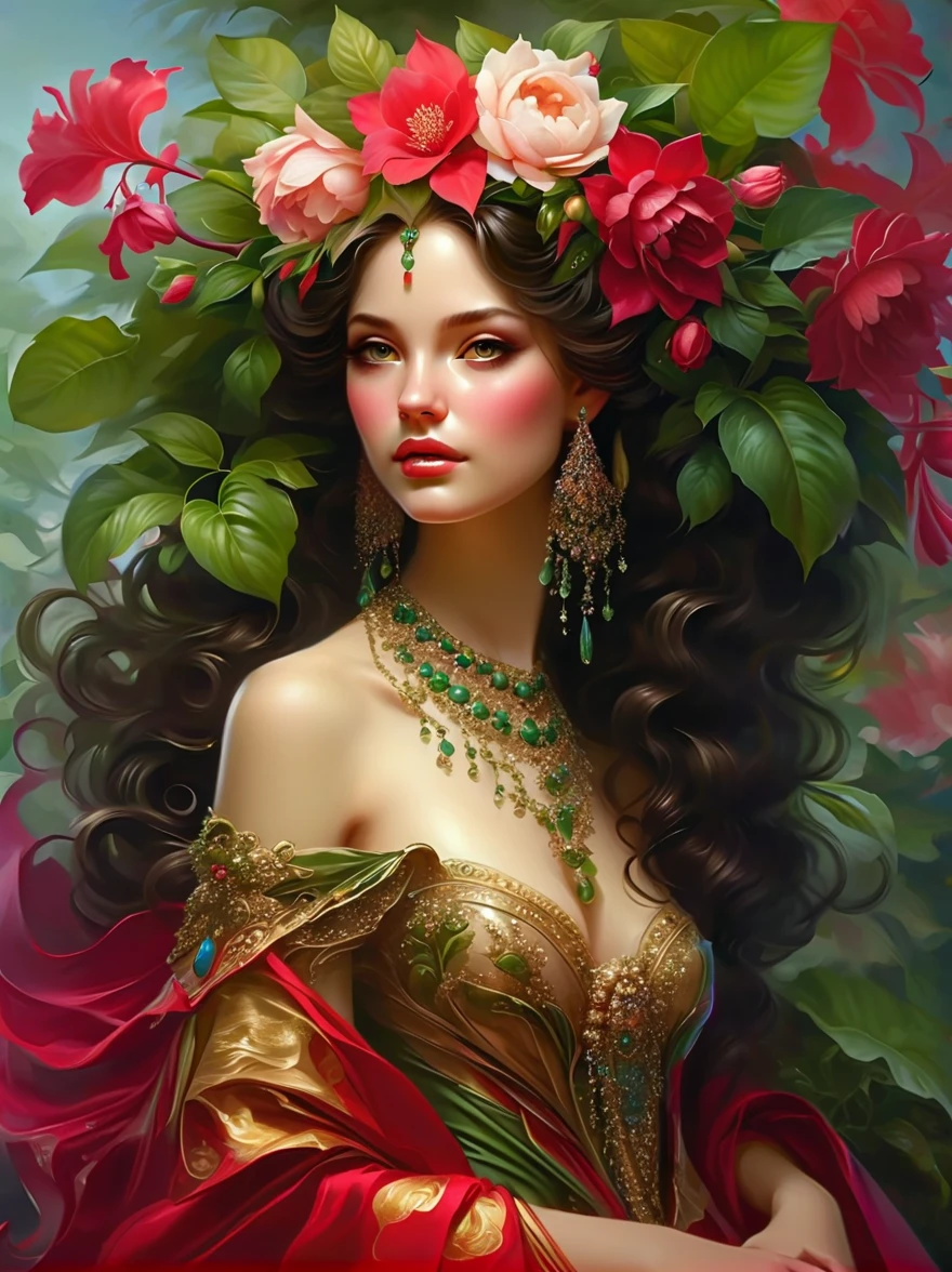 (1girl, Red plant composition，The whole body is covered with beautiful plants，Wearing a flower crown on the head，skirt made from plants，full-body shot，beautiful plant shoes，), （Best quality，High Detail，masterpiece，Chiaroscuro), (Beautiful girl facial features，Anatomically correct and precise facial structure, Detailed facial depiction, and exquisite facial features）