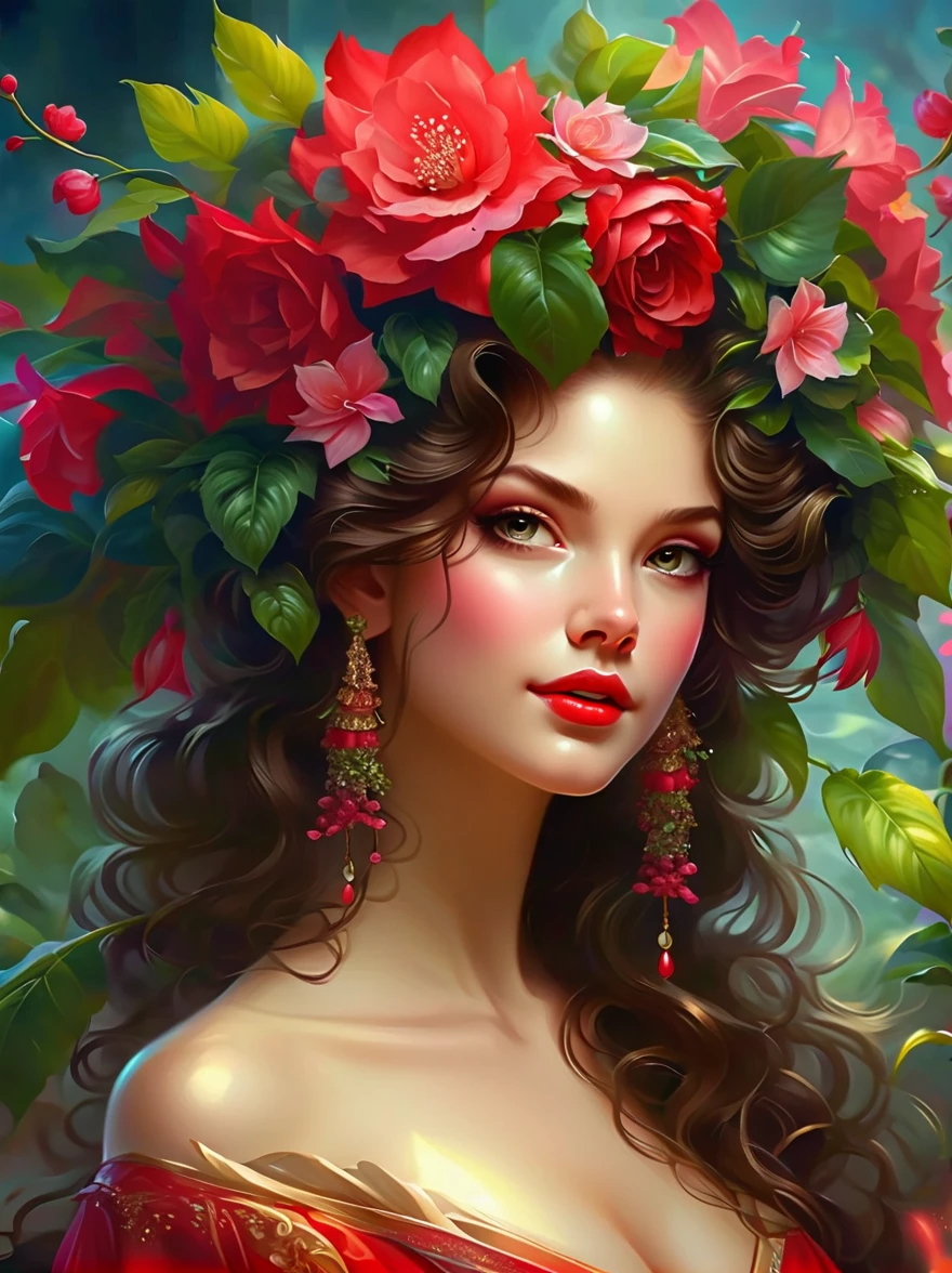 (1girl, Red plant composition,The whole body is covered with beautiful plants,Wearing a flower crown on the head,skirt made from plants,full-body shot,beautiful plant shoes,), (Best quality,High Detail,masterpiece,Chiaroscuro), (Beautiful girl facial features,Anatomically correct and precise facial structure, Detailed facial depiction, and exquisite facial features)