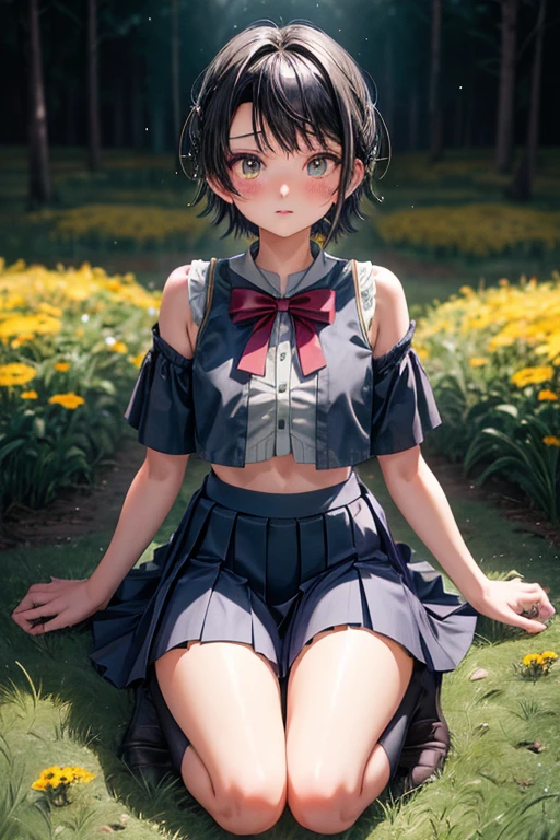 highest quality, High resolution, Subaru Ozora, NSFW, Glowing Skin, bangs, Black Hair, short hair, Sparkling eyes, Navy blue pleated skirt, Pull up your skirt with both hands, Grab the skirt with both hands, panties, camisole, Knee-high socks, Moderate abs, blush, Kneeling, sharp focus, moody lighting, meadow