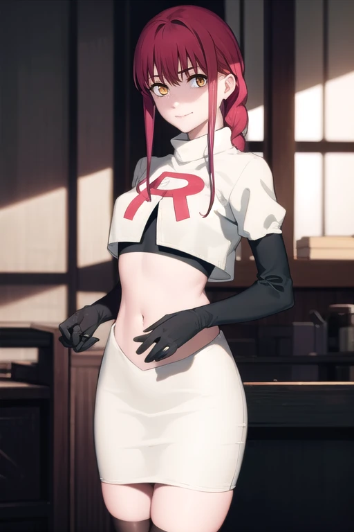 makima, makima, long hair, smile, bangs, small breasts, (yellow eyes:1.2), braid, red hair, braided ponytail, ringed eyes,
BREAK team rocket,team rocket uniform,white skirt,red letter R,crop top,black thigh-highs,black elbow gloves,
BREAK looking at viewer,
BREAK (masterpiece:1.2), best quality, high resolution, unity 8k wallpaper, (illustration:0.8), (beautiful detailed eyes:1.6), extremely detailed face, perfect lighting, extremely detailed CG, (perfect hands, perfect anatomy),