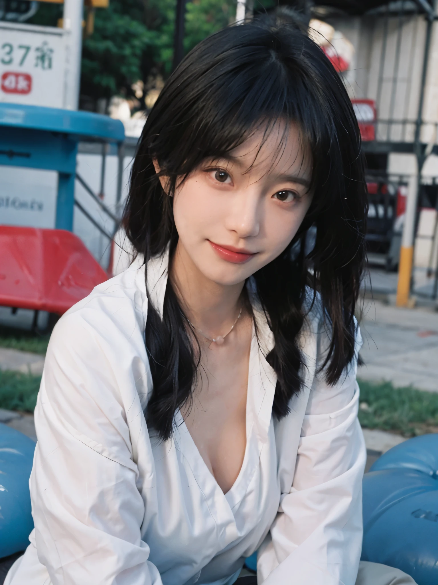best qualtiy, Ultra-high resolution, (realisticlying:1.4), Baoyu Girl, Black long straight,A pair of clear and moving peach blossom eyes,Royal sister,Uniforms,sunshine on face,Scroll,(School playground:1.4),(choker necklace:1.2),(Fair skin:1.9),(full bodyesbian:1.2)a sense of atmosphere,a beauty girl, ssmile,head straight-looking at viewer, closeup cleavage ,(Photorealistic:1.4),1girll,Sexy,(Upper body:1.4),(Wet body),(:1.2)