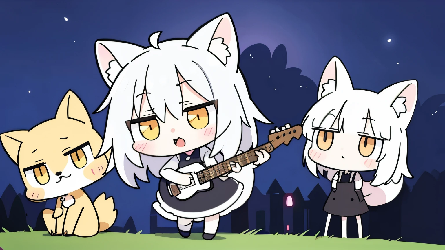 (Best image quality),(masterpiece),(Very detailed),Vast Sky, Beautiful skyline, Wide grass, stage、 A very tense and dramatic photo, Moving visual effects, Polaris hanging high, Colorful natural glow.(Cute fox wearing maid uniform, holding electric guitar and singing on stand microphone 1.5), (White skin:1.3), Hairy tail，(White fur:1.3),((Golden Eyes)) ,(Long drooping ears), (((kawaii chibi character)))