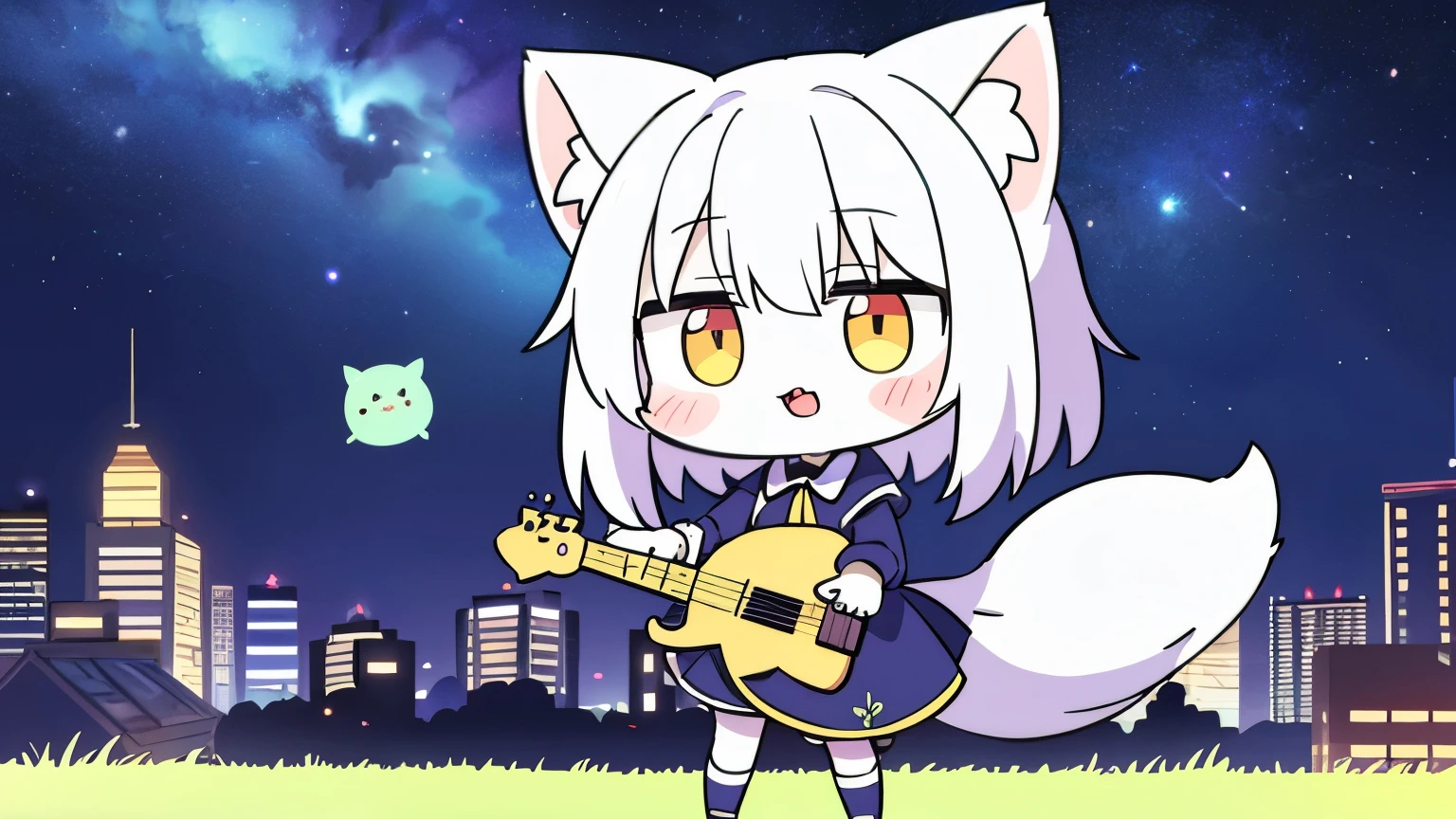 (Best image quality),(masterpiece),(Very detailed),Vast Sky, Beautiful skyline, Wide grass, stage、 A very tense and dramatic photo, Moving visual effects, Polaris hanging high, Colorful natural glow.(Cute fox wearing maid uniform, holding electric guitar and singing on stand microphone 1.5), (White skin:1.3), Hairy tail，(White fur:1.3),((Golden Eyes)) ,(Long drooping ears), (((kawaii chibi character)))