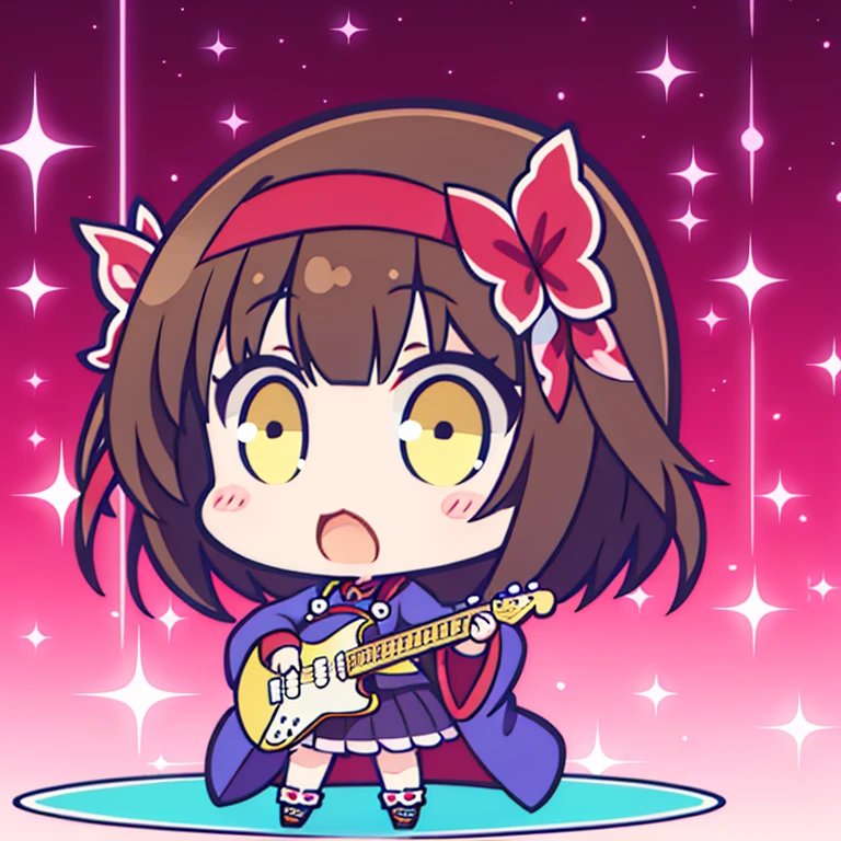 Playing electric guitar、Very cute and beautiful chibi anime girl、Full Body、Are standing、Highly detailed face and yellow eyes、Big red flower hair ornament、Clear contours、solo、tukimichi_spider