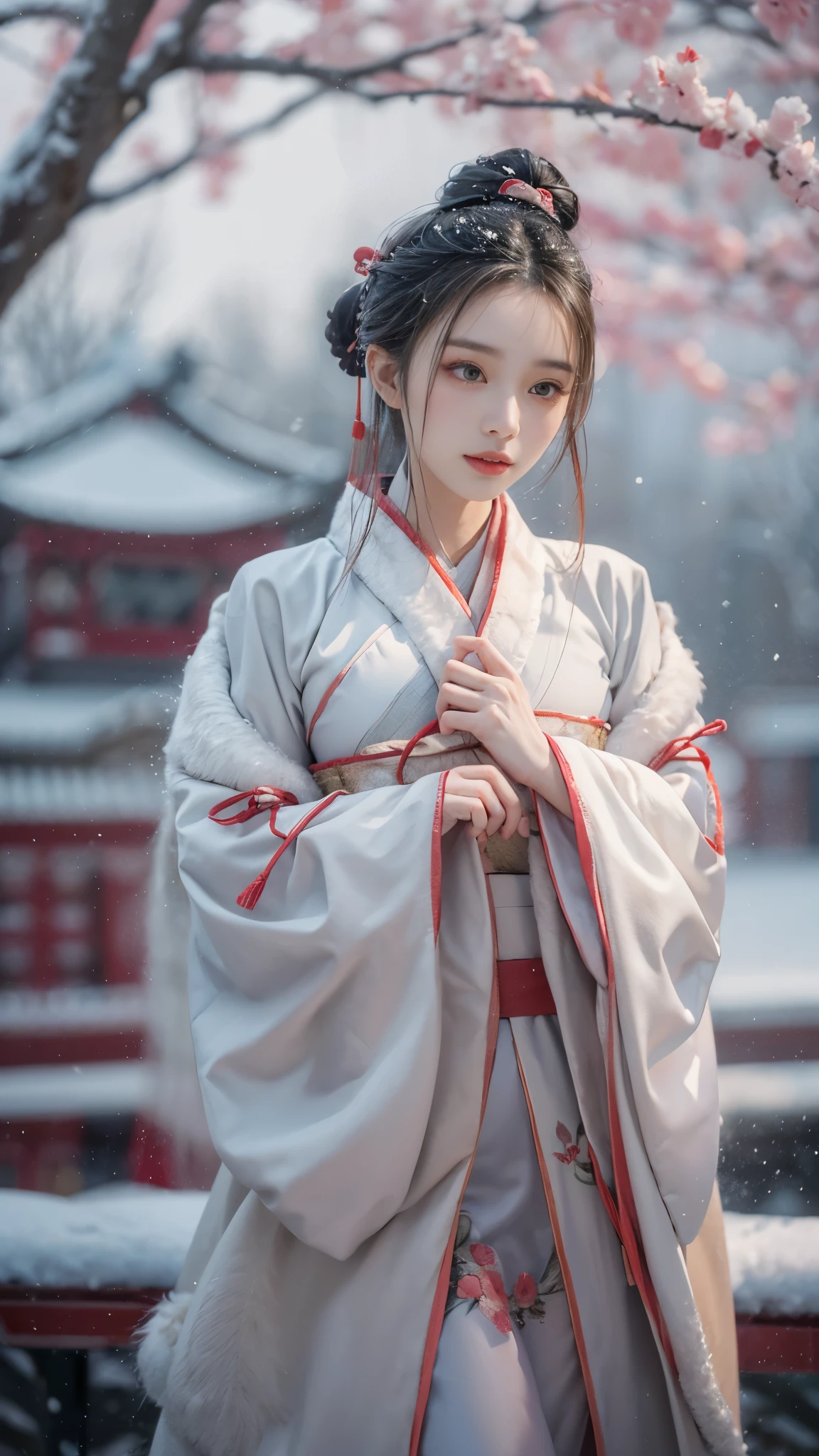 best quality, masterpiece,8k,(Realistically:1.4),Ultra-high resolution,1 girl,Ultra-realistic skin, Ultra Detailed, Surreal, Highly detailed CG illustrations, official art, Movie Lighting, actual, Young beautiful girl,Perfect body, full view,Enjoy expression,(Start from below:1.3), (Sexy pose, Sexy thighs), confidence, Beautiful and sexy, ((Gorgeous Chinese Hanfu)),Off-the-shoulder design,S-Shaped Pose, blush, Chapped lips, Viewer , Half-length photo , (fur-edged cloak:1.2) ,(China Pavilion),It snowed heavily,The ground is covered with snow,