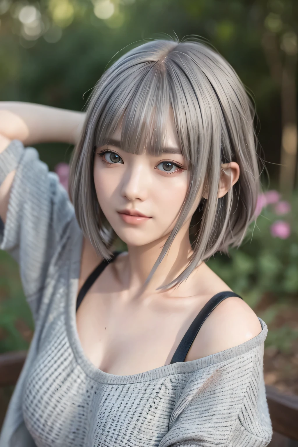 ４ｋ、Beautiful Eyes、whole body、Colorful Hair（gray）、whole bodyポートレート、smile、Exposure、Beautiful background、Tied Hair、Bobcut、textured skin, ccurate, highres, super detail