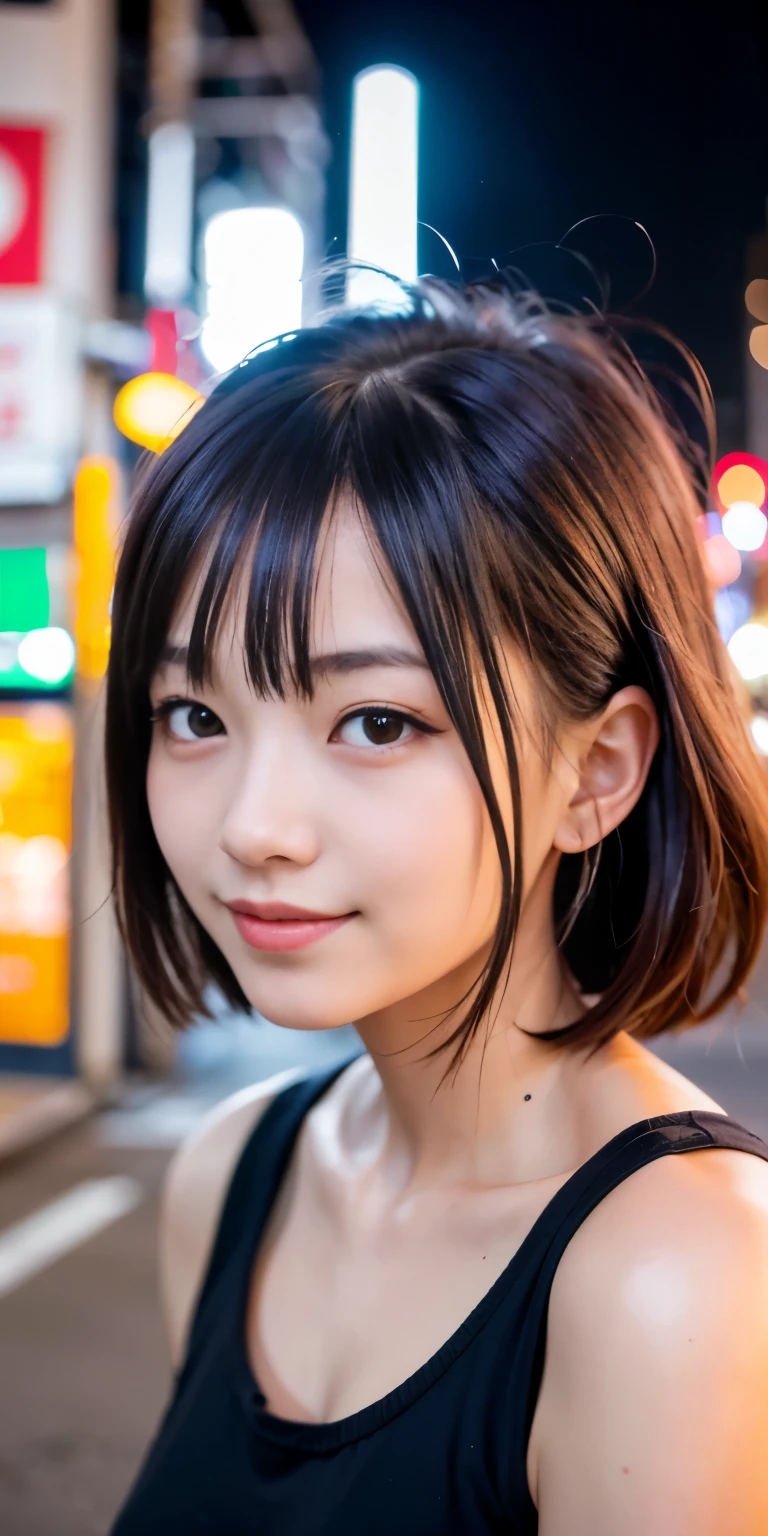 1 Girl, Tokyo Street,night, Streetscape,City lights,Upper Body,close,smile,, (8K, Raw photo, highest quality, masterpiece:1.2),(Realistic, photo-Realistic:1.37),