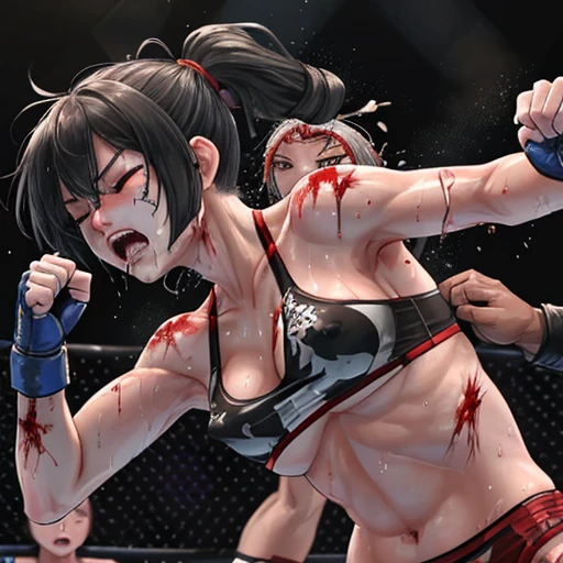 A battle royal between two beautiful young female mixed martial artists。Covered in blood、Covered in wounds and in a bad shape。Violently attacking a lying opponent。They are fighting violently。Suffering from damage。Mouth open and dripping blood。Facial swelling。Bruised body。With one eye closed, it seems painful。Fighting inside the Octagon。I'm soaked in sweat。A ripped and worn-out sports bra、bikini、Open Finger Gloves。Erect nipples。Short black hair。