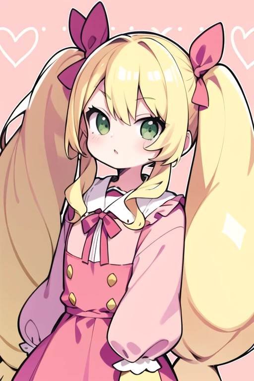 blond hair, green eyes, long hair, , twintails ,sassy ,cheey , mesugaki, pink clothes, pink bows, girly room background