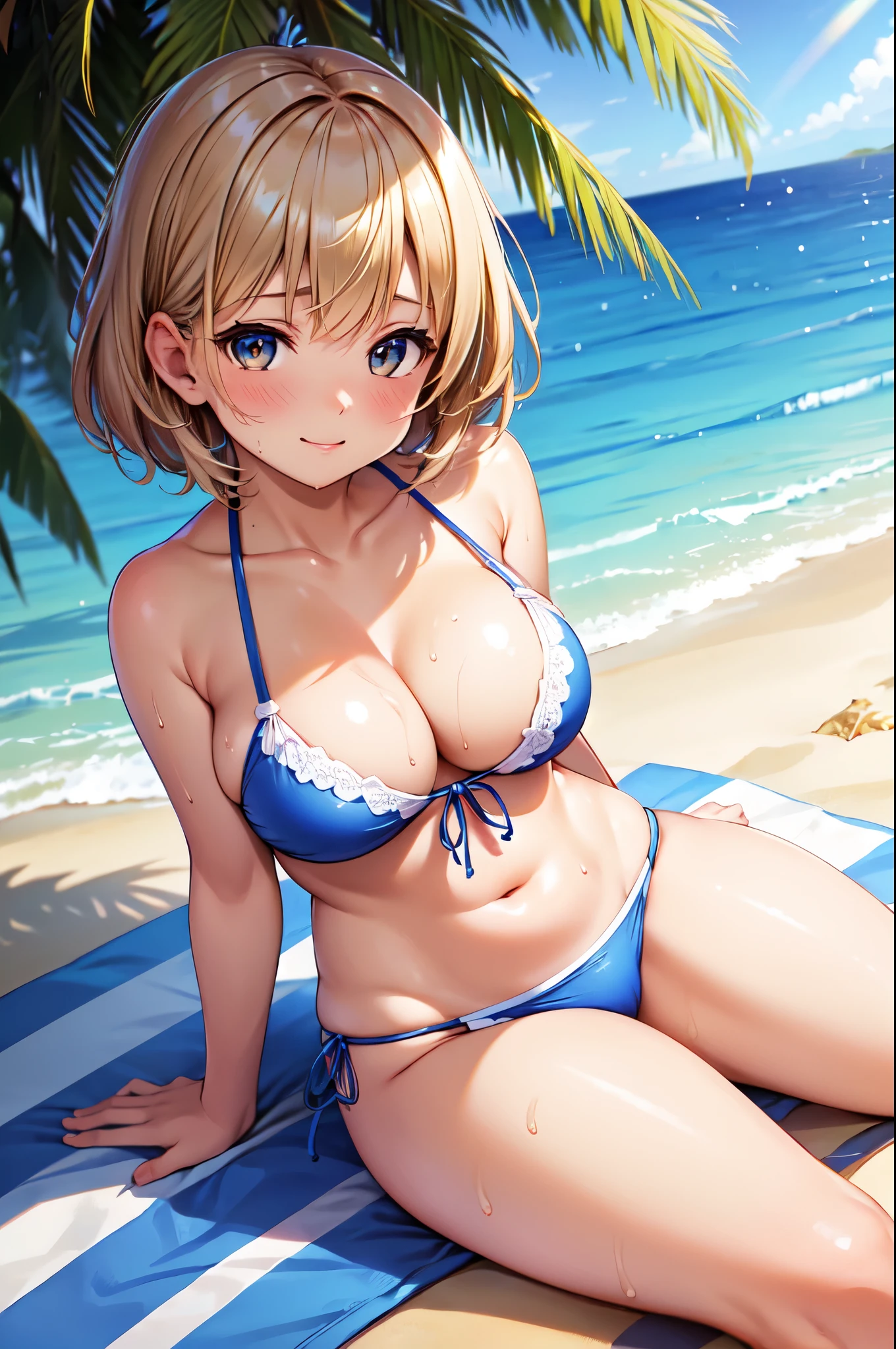 (High quality, High resolution, Fine details), ruffled swimwear, clear blue sky, (Sandy beach:1.2), water droplets on the swimwear, solo, curvy women, light brown hair, Short hair, wet hair strands shining in the sunlight, sparkling eyes, (Detailed eyes:1.2), smile, blush, Sweat, (sun-kissed skin), Oily skin, vibrant colors, bokeh, Soft tones, shallow depth of field