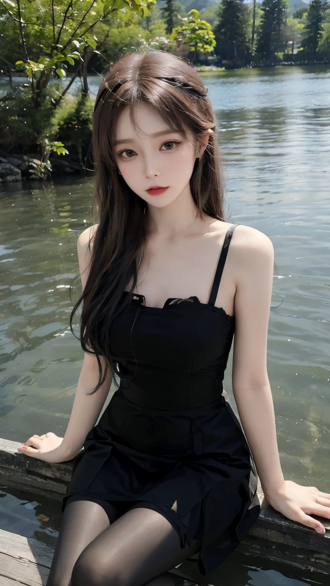 Real person photos,Chinese beauty with long straight reddish brown hair, masterpiece, best quality, extremely delicate and beautiful,high resolution, absurderes, Optimal proportions of four fingers and one thumb, in the lake with trees,sitting,  highly detailed beautiful face, Cute, shy,blush, dynamic angle, from above,looking at viewer, wearing Tulle Overlay Camisole dress and black pantyhose