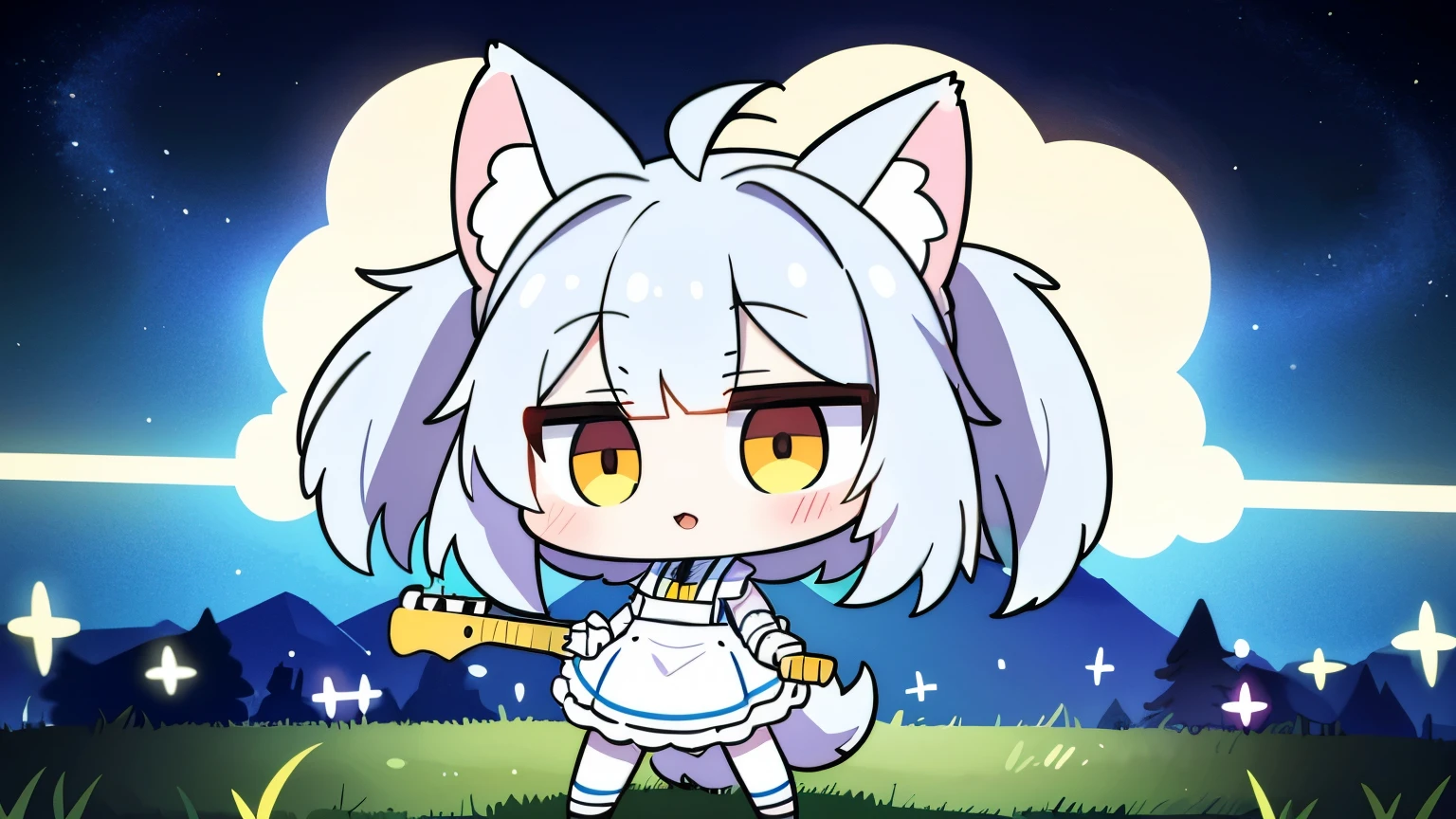 (Best image quality),(masterpiece),(Very detailed),Vast Sky, Beautiful skyline, Wide grass, stage、 A very tense and dramatic photo, Moving visual effects, Polaris hanging high, Colorful natural glow.(Cute fox wearing maid uniform, holding electric guitar and singing on stand microphone 1.5), (White skin:1.3), Hairy tail，(White fur:1.3),((Golden Eyes)) ,(Long drooping ears), (((kawaii chibi character)))