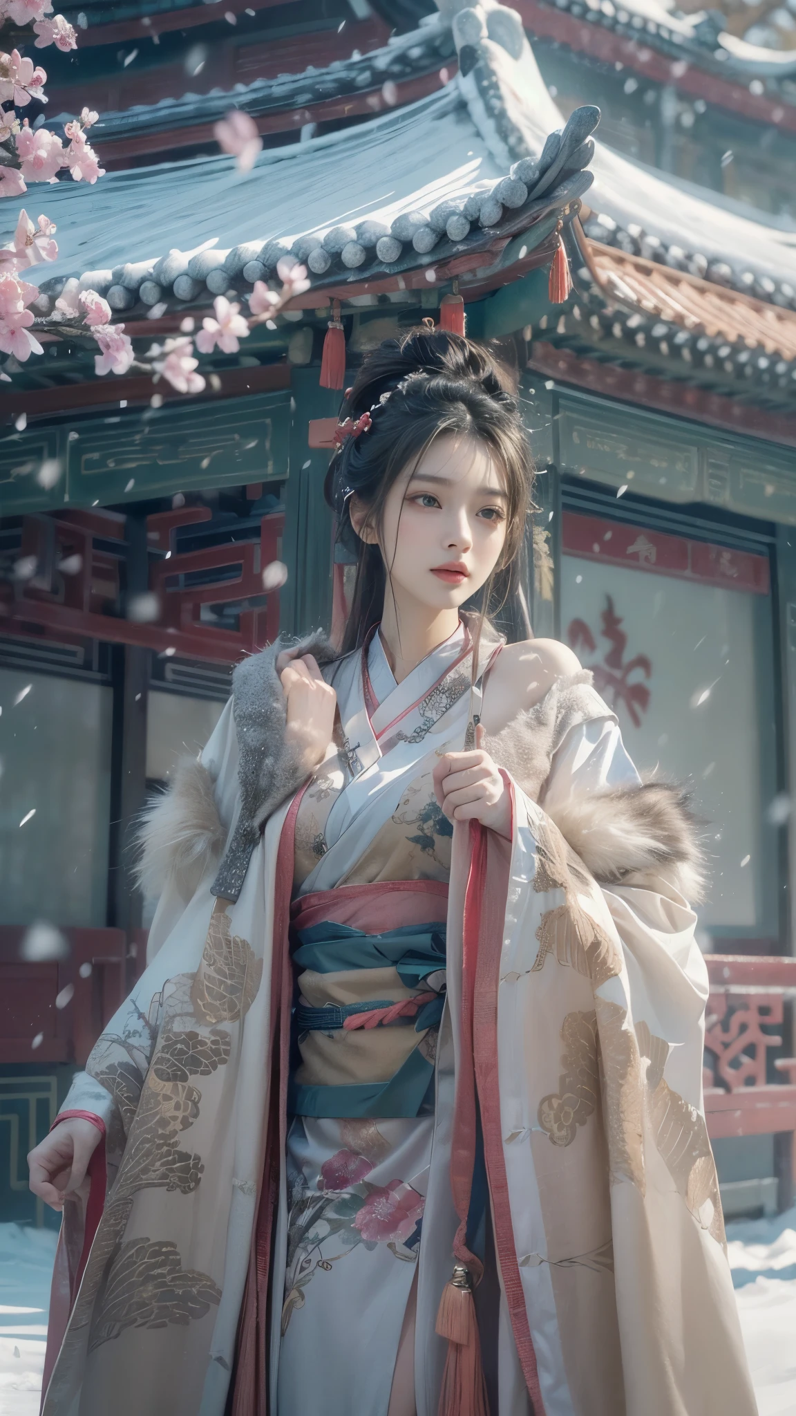 best quality, masterpiece,8k,(Realistically:1.4),Ultra-high resolution,1 girl,Ultra-realistic skin, Ultra Detailed, Surreal, Highly detailed CG illustrations, official art, Movie Lighting, actual, Young beautiful girl,Perfect body, full view,Enjoy expression,(Start from below:1.3), (Sexy pose, Sexy thighs), confidence, Beautiful and sexy, ((Gorgeous Chinese Hanfu)),Off-the-shoulder design,S-Shaped Pose, blush, Chapped lips, Viewer , Half-length photo , (fur-edged cloak:1.2) ,(China Pavilion),It snowed heavily,The ground is covered with snow,