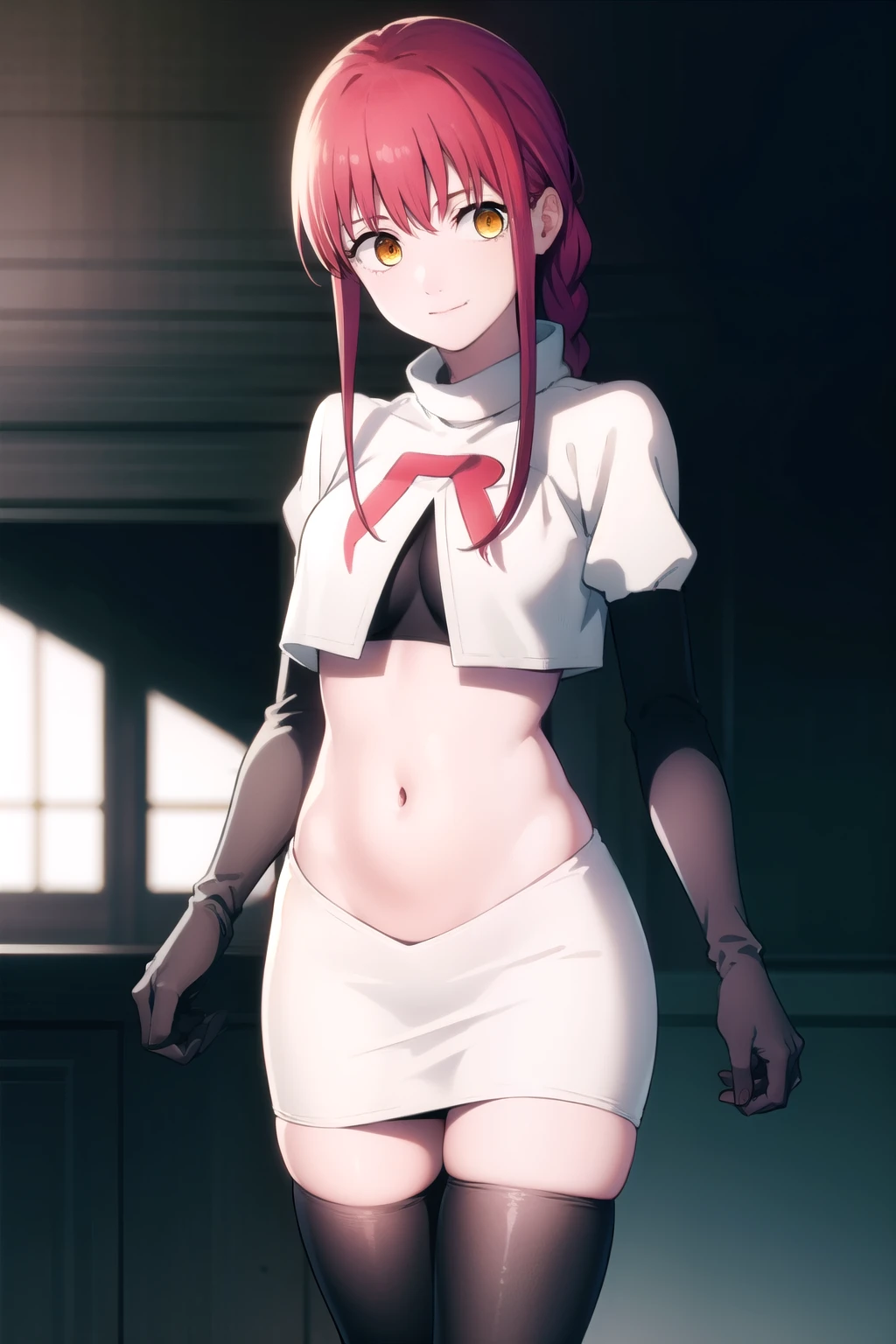 makima, makima, long hair, smile, bangs, small breasts, (yellow eyes:1.2), braid, red hair, braided ponytail, ringed eyes, 
BREAK team rocket,team rocket uniform,white skirt,red letter R,crop top,black thigh-highs,black elbow gloves,
BREAK looking at viewer,
BREAK (masterpiece:1.2), best quality, high resolution, unity 8k wallpaper, (illustration:0.8), (beautiful detailed eyes:1.6), extremely detailed face, perfect lighting, extremely detailed CG, (perfect hands, perfect ???????),