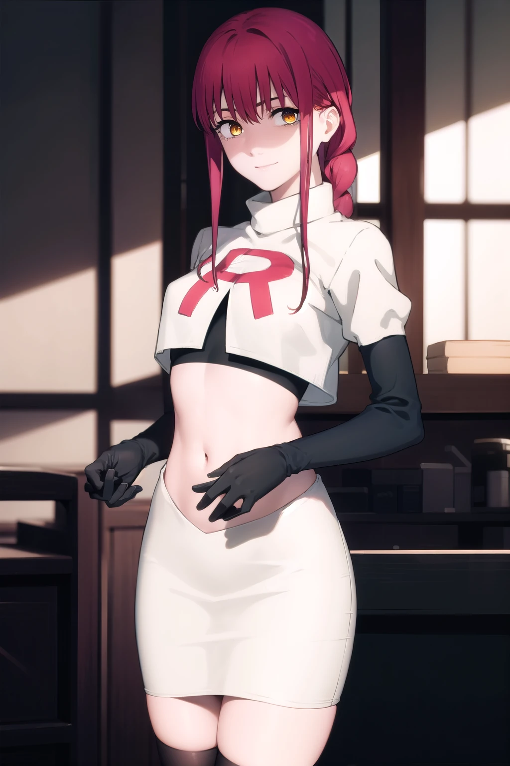 makima, makima, long hair, smile, bangs, small breasts, (yellow eyes:1.2), braid, red hair, braided ponytail, ringed eyes,
BREAK team rocket,team rocket uniform,white skirt,red letter R,crop top,black thigh-highs,black elbow gloves,
BREAK looking at viewer,
BREAK (masterpiece:1.2), best quality, high resolution, unity 8k wallpaper, (illustration:0.8), (beautiful detailed eyes:1.6), extremely detailed face, perfect lighting, extremely detailed CG, (perfect hands, perfect anatomy),