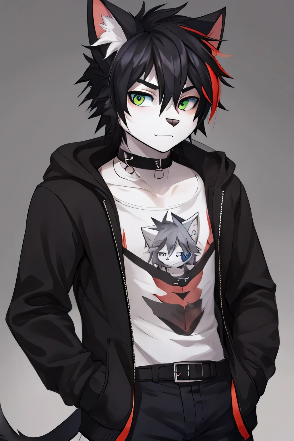furry, anthromorphic, grey cat, male, epic hairstyle, emo, cute