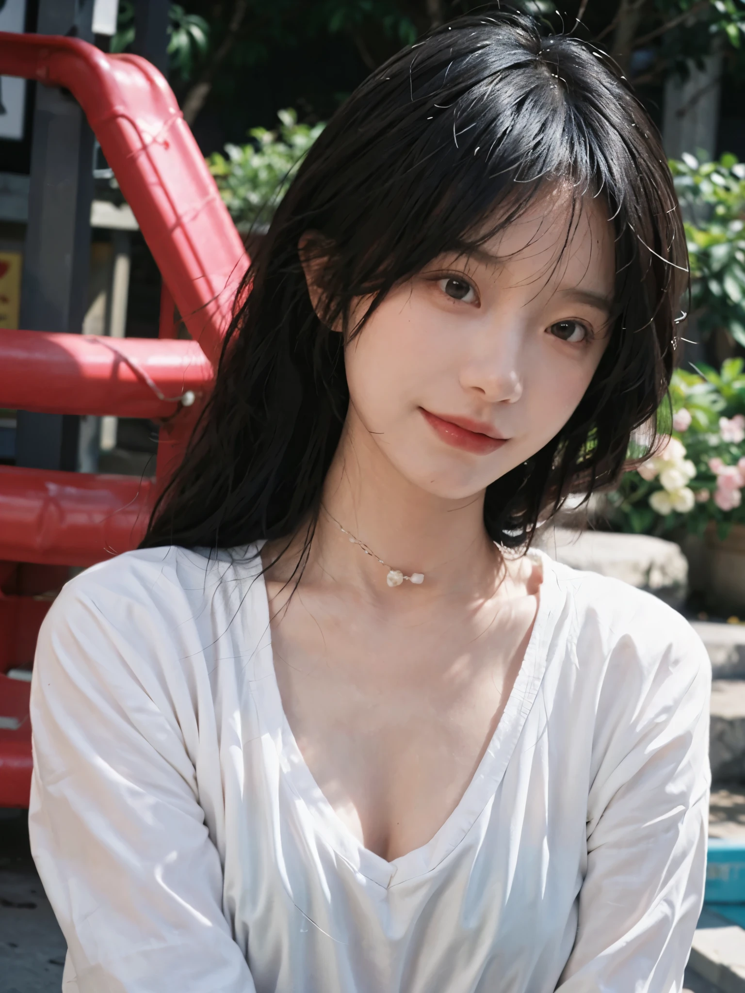 best qualtiy， Ultra-high resolution， （realisticlying：1.4）， Baoyu Girl， Black long straight，A pair of clear and moving peach blossom eyes,Royal sister，Uniforms，sunshine on face，Scroll，（School playground：1.4），（choker necklace：1.2），（Fair skin：1.9），（full bodyesbian：1.2）a sense of atmosphere，a beauty girl， ssmile，head straight-looking at viewer， closeup cleavage ，(Photorealistic:1.4),1girll,Sexy,(Upper body:1.4),(Wet body),(:1.2)