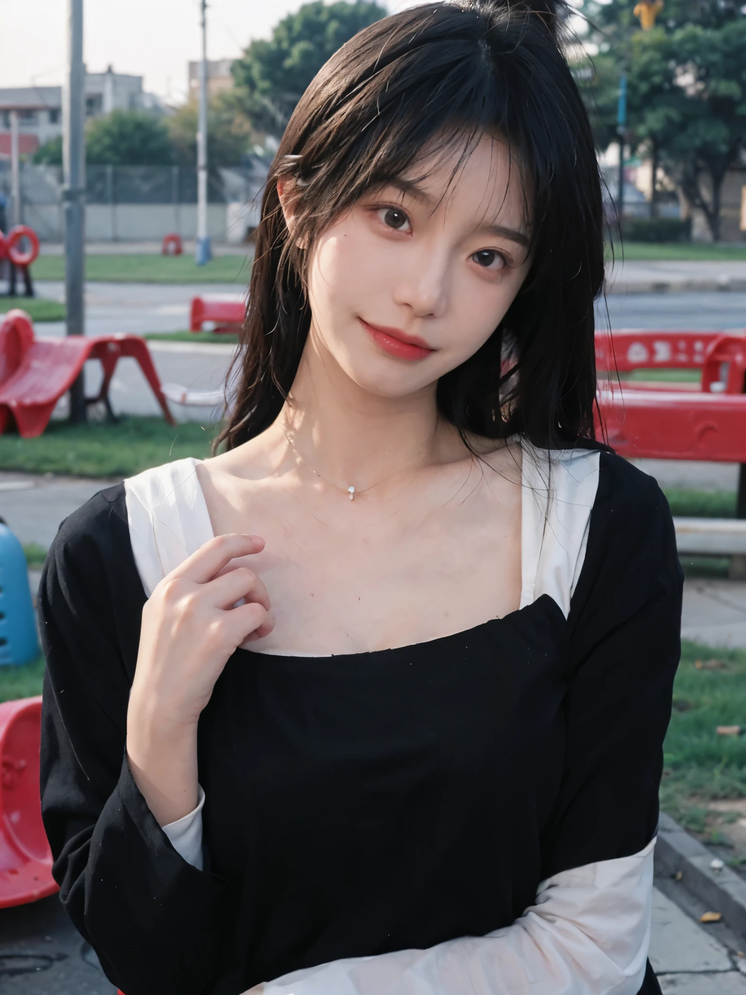 best qualtiy， Ultra-high resolution， （realisticlying：1.4）， Baoyu Girl， Black long straight，A pair of clear and moving peach blossom eyes,Royal sister，Uniforms，sunshine on face，Scroll，（School playground：1.4），（choker necklace：1.2），（Fair skin：1.9），（full bodyesbian：1.2）a sense of atmosphere，a beauty girl， ssmile，head straight-looking at viewer， closeup cleavage ，(Photorealistic:1.4),1girll,Sexy,(Upper body:1.4),(Wet body),(:1.2)