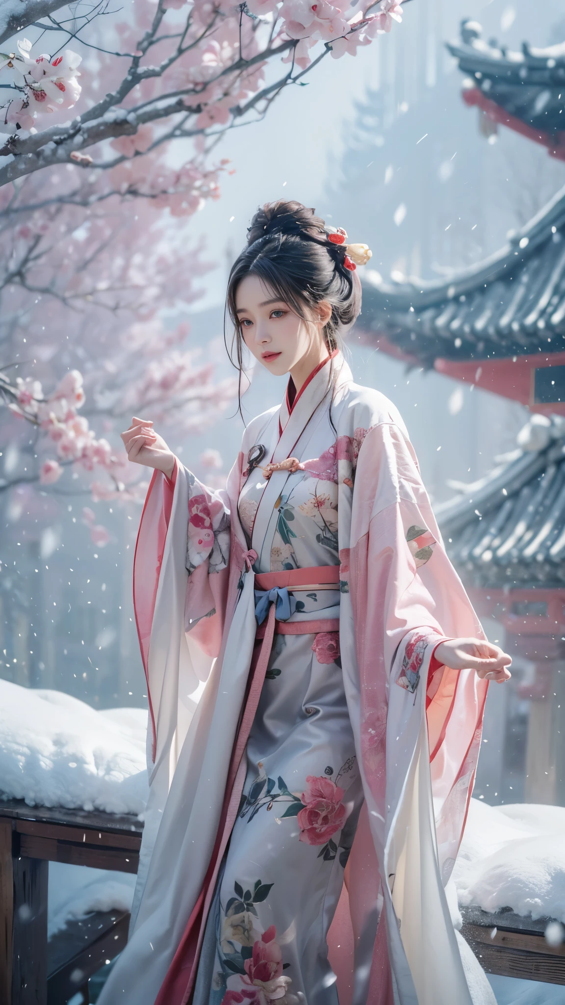 best quality, masterpiece,8k,(Realistically:1.4),Ultra-high resolution,1 girl,Ultra-realistic skin, Ultra Detailed, Surreal, Highly detailed CG illustrations, official art, Movie Lighting, actual, Young beautiful girl,Perfect body, full view,Enjoy expression,(Start from below:1.3), (Sexy pose, Sexy thighs), confidence, Beautiful and sexy, ((Gorgeous Chinese Hanfu)),Off-the-shoulder design,S-Shaped Pose, blush, Chapped lips, Viewer , Half-length photo , (fur-edged cloak:1.2) ,(China Pavilion),It snowed heavily,The ground is covered with snow,