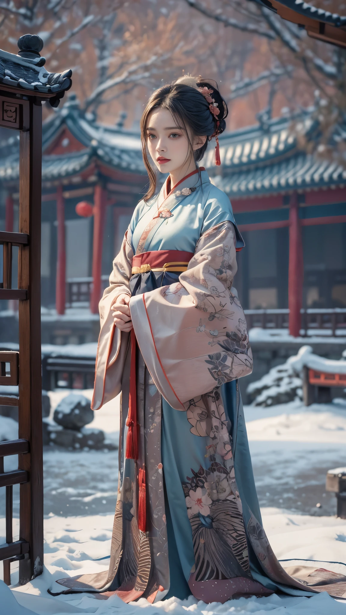 best quality, masterpiece,8k,(Realistically:1.4),Ultra-high resolution,1 girl,Ultra-realistic skin, Ultra Detailed, Surreal, Highly detailed CG illustrations, official art, Movie Lighting, actual, Young beautiful girl,Perfect body, full view,Enjoy expression,(Start from below:1.3), (Sexy pose, Sexy thighs), confidence, Beautiful and sexy, ((Gorgeous Chinese Hanfu)),Off-the-shoulder design,S-Shaped Pose, blush, Chapped lips, Viewer , Half-length photo , (fur-edged cloak:1.2) ,(China Pavilion),It snowed heavily,The ground is covered with snow,