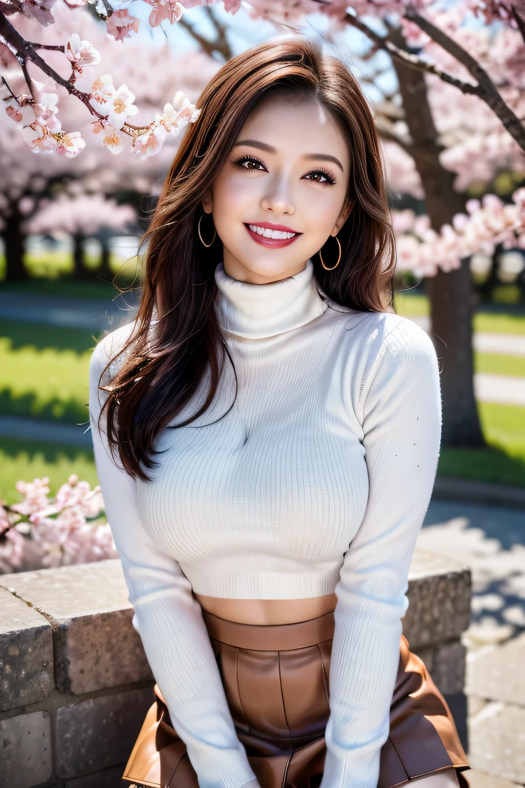 (8k, RAW Photos, highest quality, masterpiece, Realistic, Realistic), (1 female), (Ultimate beauty), Highly detailed face, Fine grain, Double eyelash, eyelash, smile, (Perfect Teeth), Lip details, brunette bob, Big Breasts, (long turtleneck sweater), ((Brown mini skirt)), Cowboy Shot, background：Under the cherry blossoms in full bloom, Soft Light, ((Written boundary depth)) 