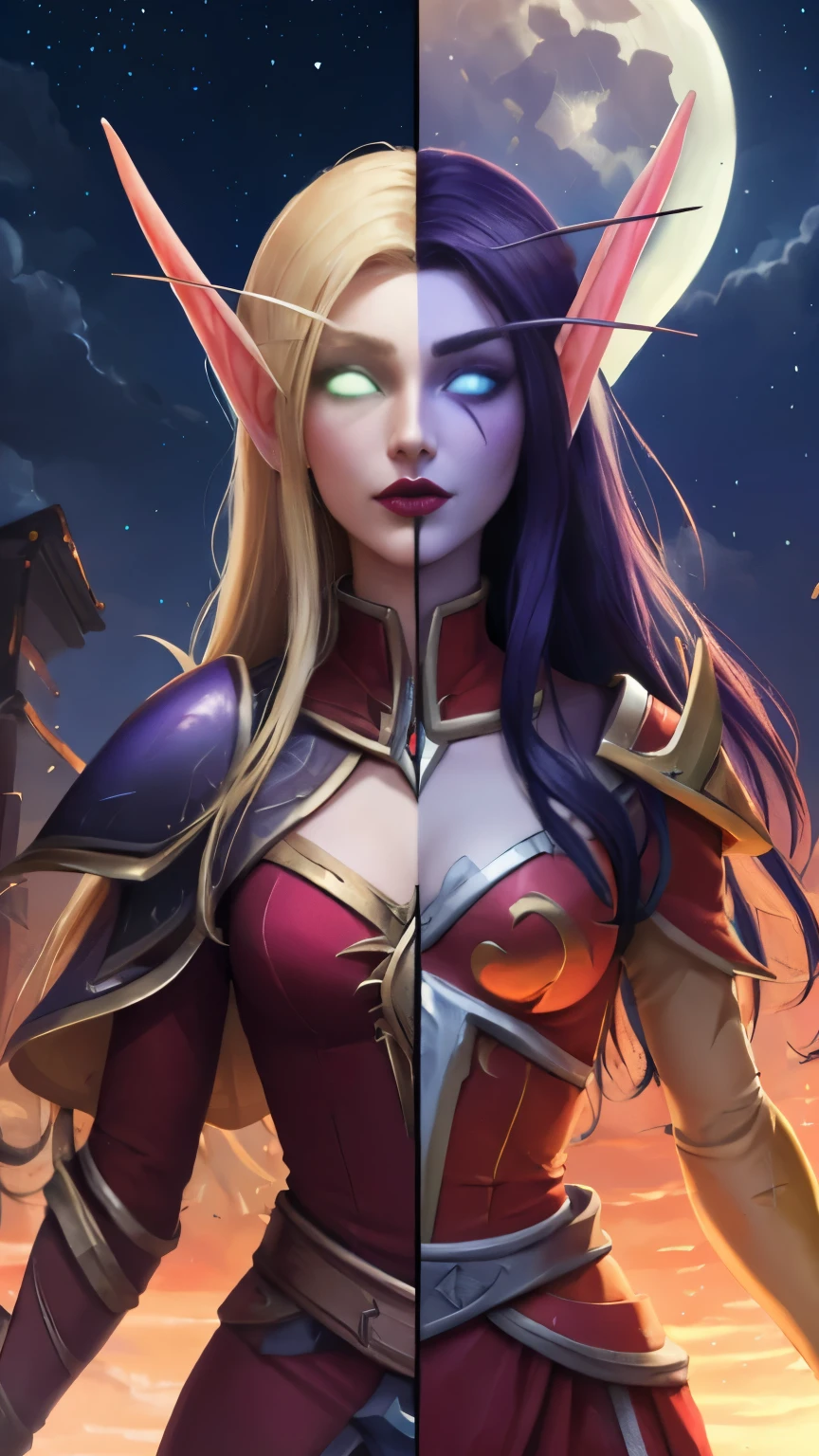 (Masterpiece, highly detailed, highly quality,  highly resolutions), 2 Pointy Ears, 2 eyebrows, line between the middle, Split Colored Hair in the Middle, half with nightelf half with bldelf, cut the screen in the Middle, cut the Sun and Moon in Half, Split Colored Lips in the Middle, ({{BREAK nightelf, SplitScreen, split screen, Left screen, Happy faces, glowing eyes, blue eyes, Purple Hair, colored skin, mature female, purple Dress, purple shoulder pad, purple lips, looking at viewer, night, Sleeve, Long eyebrows, Princess of the Moon, Moon Background, Half Moon center}}), vs, (BREAK bldelf, SplitScreen, splitscreen, Right Screen, Happy Faces, glowing eyes, Green eyes, Blonde hair, colored sclera, mature female, Red Dress, red shoulder pad, red lips, looking at viewer, day, Sleeves, long Eyebrows, Princess of the Sun, Sun Background, Half Sun center))