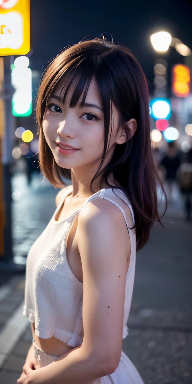 1 Girl, Tokyo Street,night, Streetscape,City lights,Upper Body,close,smile,, (8K, Raw photo, highest quality, masterpiece:1.2),(Realistic, photo-Realistic:1.37),
