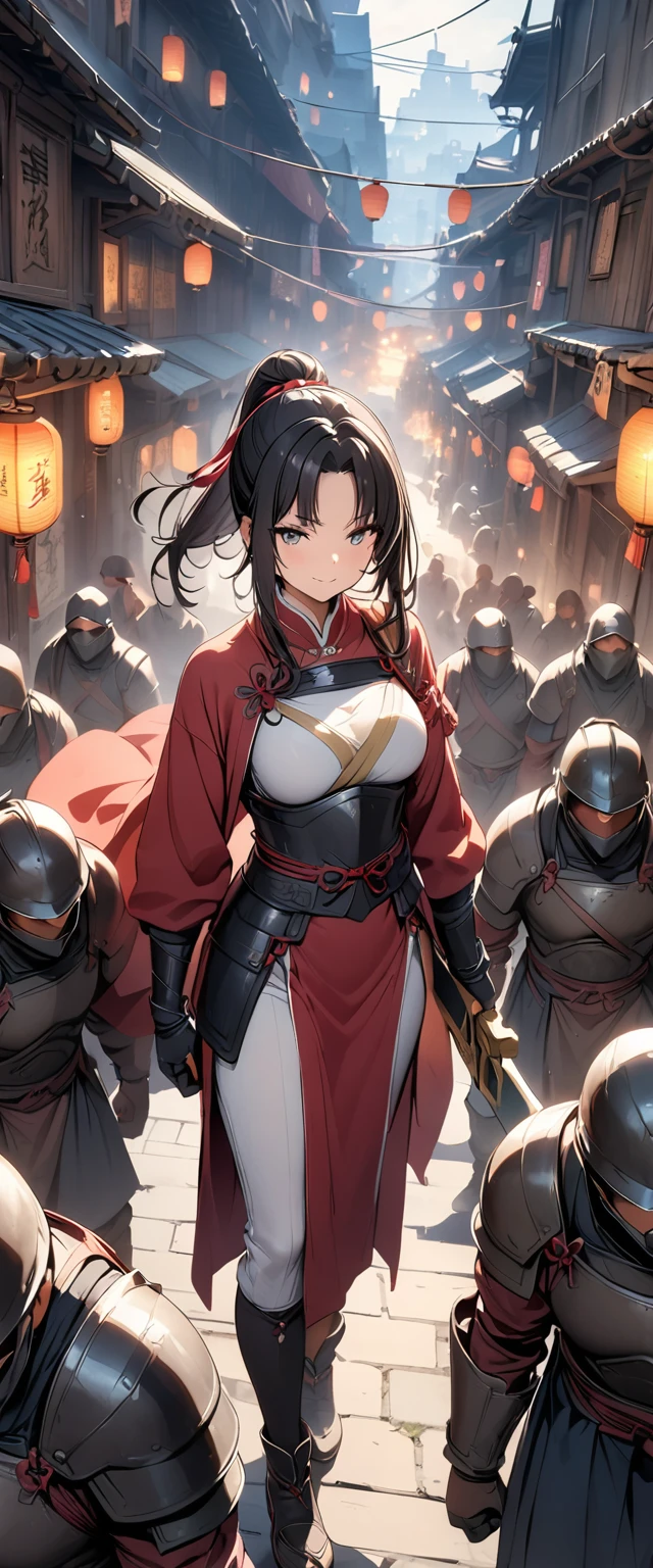 ((Masterpiece, top quality, high resolution)), ((highly detailed CG unified 8K wallpaper)), A female swordsman in Chinese clothes, Hero of the Three Kingdoms, (A large sword is held in both hands), She has long black hair tied back, wears iron armor and a red cape, Surrounded by enemy soldiers with a burning city in the background,