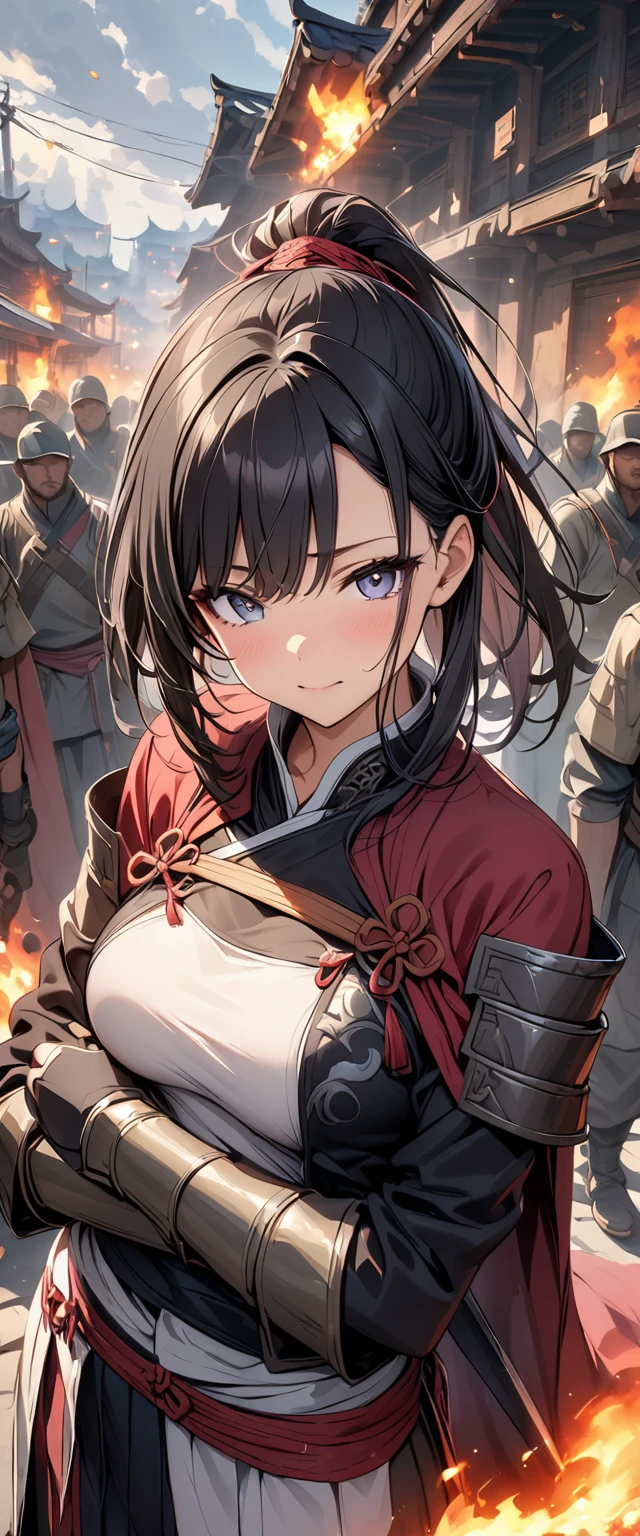 ((Masterpiece, top quality, high resolution)), ((highly detailed CG unified 8K wallpaper)), A female swordsman in Chinese clothes, Hero of the Three Kingdoms, (A large sword is held in both hands), She has long black hair tied back, wears iron armor and a red cape, Surrounded by enemy soldiers with a burning city in the background,