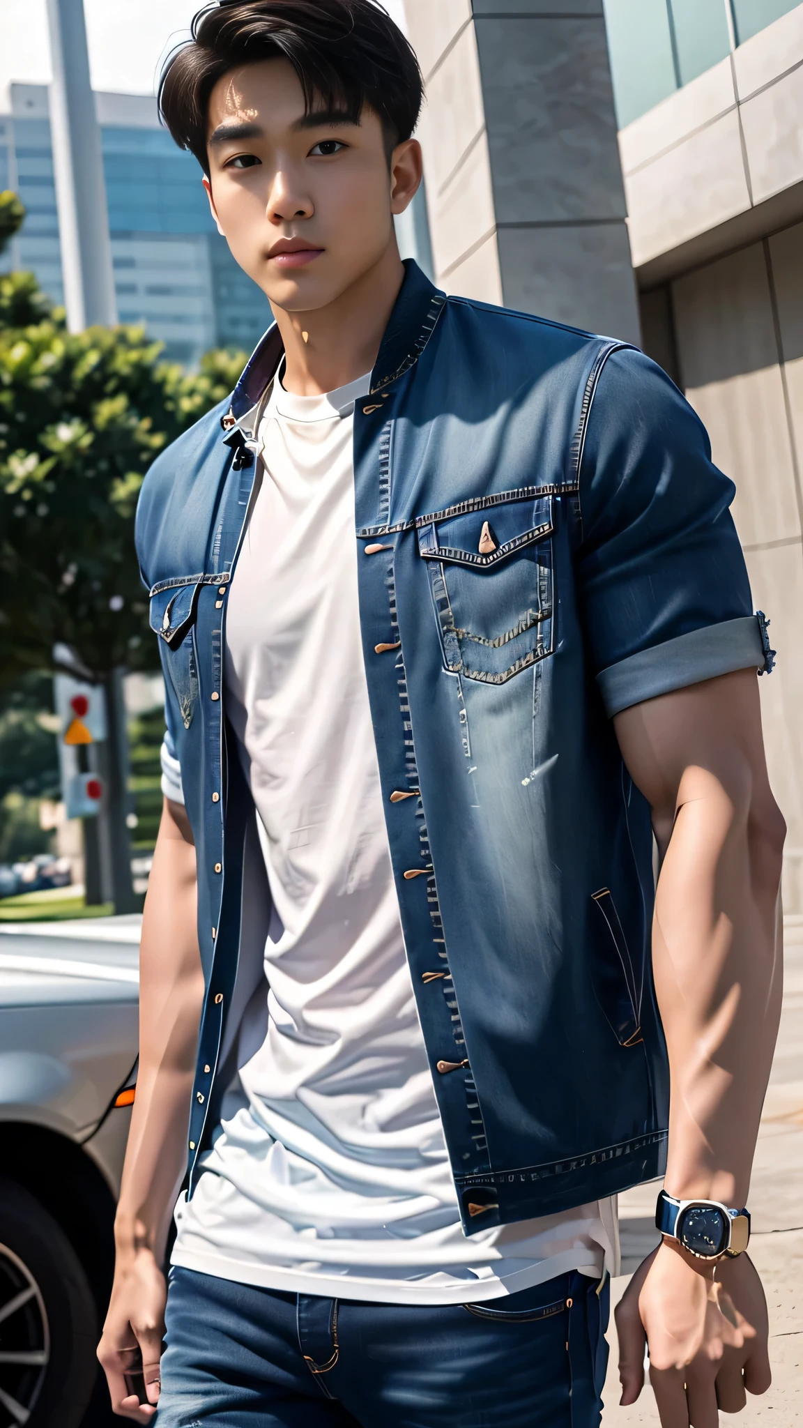 1 man, smile, (Wear a jeans jacket.,: 1.3), round neck, short sleeve shirt), black pants,, Korean guy , korean men, (High gloss details), chest muscles, Big arm muscles, blood vessel, big muscles, Broad shoulders, looking at the audience, Balancing the eyes, (Make eye contact),Tracks of the athletics stadium, evening, shaded, ,There are cars from the 1990s.