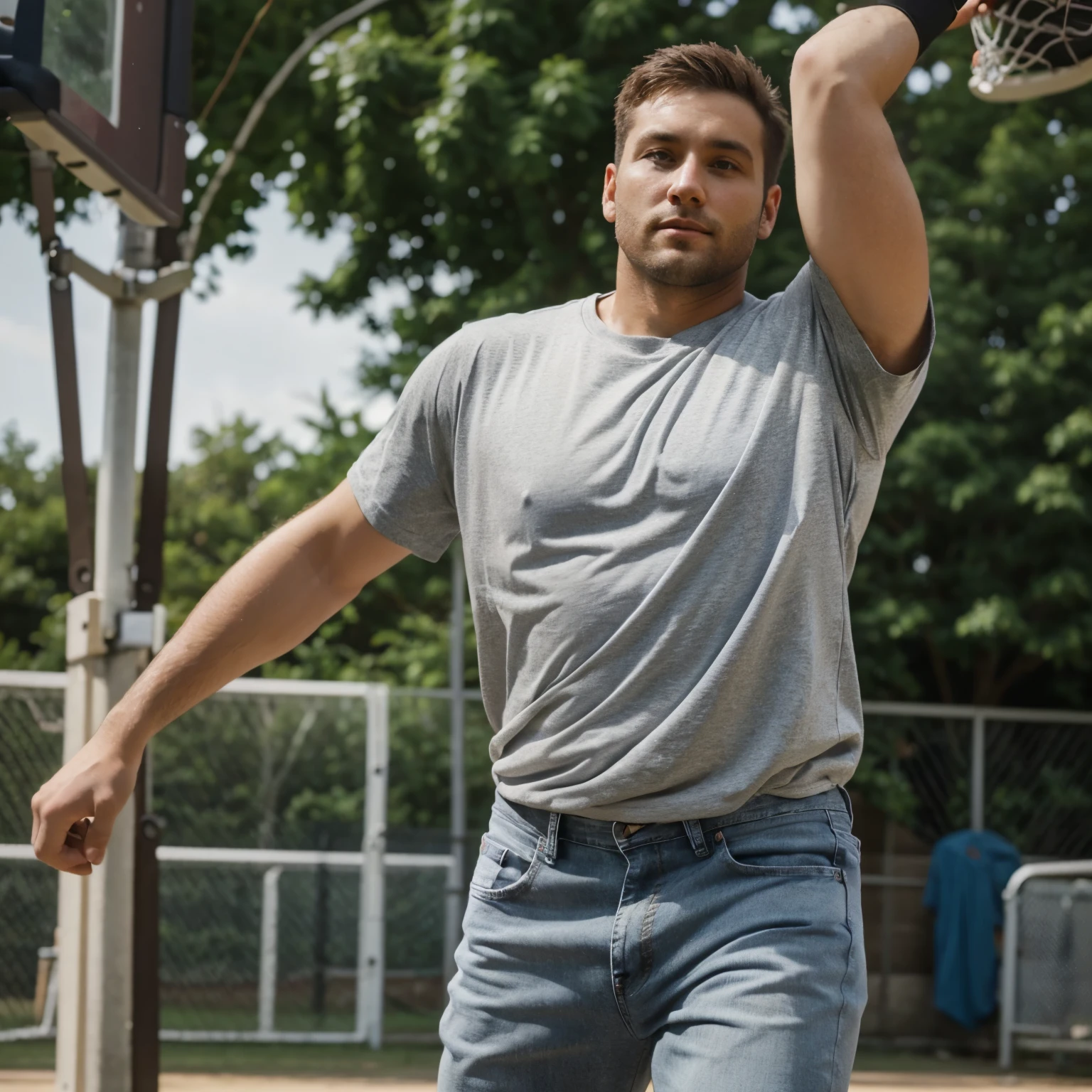 The best camera results, a 30 year old man playing basketball, wearing a gray t-shirt, jeans