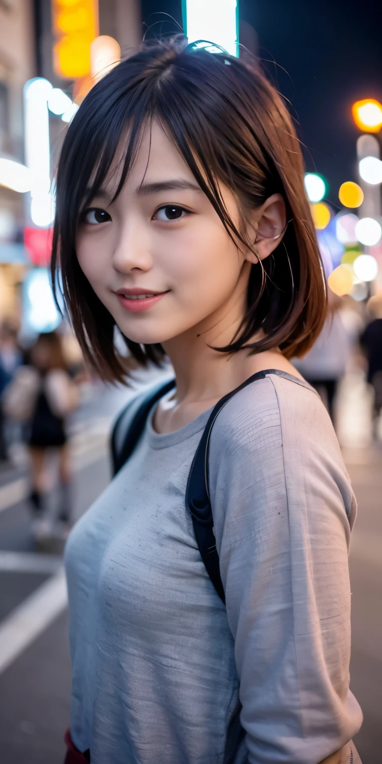 1 Girl, Tokyo Street,night, Streetscape,City lights,Upper Body,close,smile,, (8K, Raw photo, highest quality, masterpiece:1.2),(Realistic, photo-Realistic:1.37),