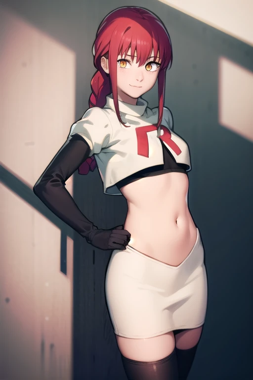 makima, makima, long hair, smile, bangs, small breasts, (yellow eyes:1.2), braid, red hair, braided ponytail, ringed eyes,
BREAK team rocket,team rocket uniform,white skirt,red letter R,crop top,black thigh-highs,black elbow gloves,
BREAK looking at viewer,
BREAK (masterpiece:1.2), best quality, high resolution, unity 8k wallpaper, (illustration:0.8), (beautiful detailed eyes:1.6), extremely detailed face, perfect lighting, extremely detailed CG, (perfect hands, perfect anatomy),