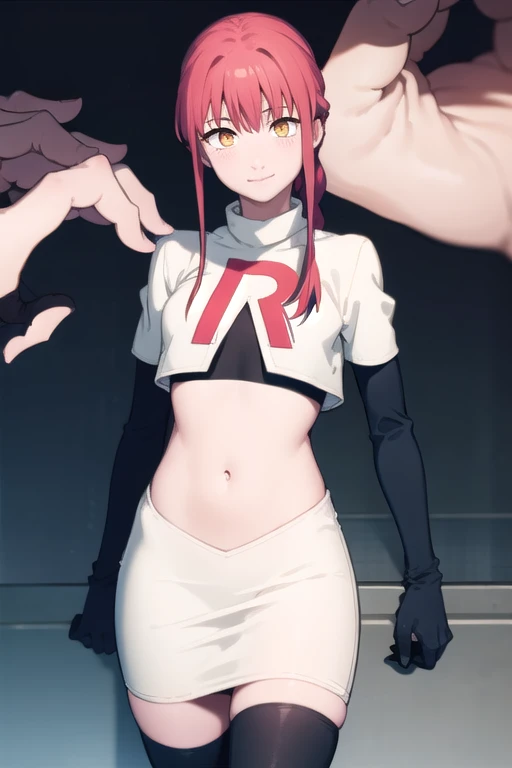 makima, makima, long hair, smile, bangs, small breasts, (yellow eyes:1.2), braid, red hair, braided ponytail, ringed eyes, 
BREAK team rocket,team rocket uniform,white skirt,red letter R,crop top,black thigh-highs,black elbow gloves,
BREAK looking at viewer,
BREAK (masterpiece:1.2), best quality, high resolution, unity 8k wallpaper, (illustration:0.8), (beautiful detailed eyes:1.6), extremely detailed face, perfect lighting, extremely detailed CG, (perfect hands, perfect anatomy),