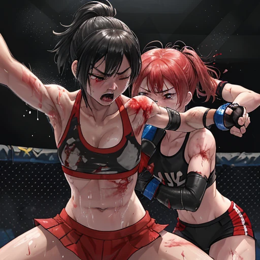A battle royal between two beautiful young female mixed martial artists。Covered in blood、Covered in wounds and in a bad shape。Intense body blow exchange。punch to the stomach。They are fighting violently。Suffering from damage。Mouth open and dripping blood。Facial swelling。Bruised body。With one eye closed, it seems painful。Fighting inside the Octagon。I'm soaked in sweat。A ripped and worn-out sports bra、bikini、Open Finger Gloves。Erect nipples。Short black hair。