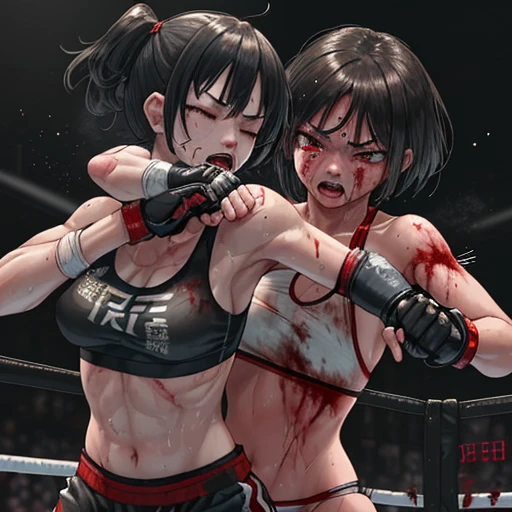 A battle royal between two beautiful young female mixed martial artists。Covered in blood、Covered in wounds and in a bad shape。Intense body blow exchange。punch to the stomach。They are fighting violently。Suffering from damage。Mouth open and dripping blood。Facial swelling。Bruised body。With one eye closed, it seems painful。Fighting inside the Octagon。I&#39;m soaked in sweat。A ripped and worn-out sports bra、bikini、Open Finger Gloves。Erect nipples。Short black hair。