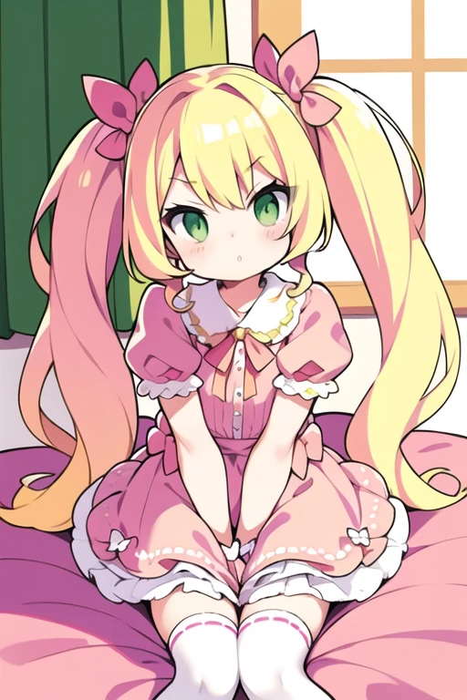 blond hair, green eyes, long hair, , twintails ,sassy ，cheey , mesugaki, pink clothes, pink bows, pink room, room, white stockings