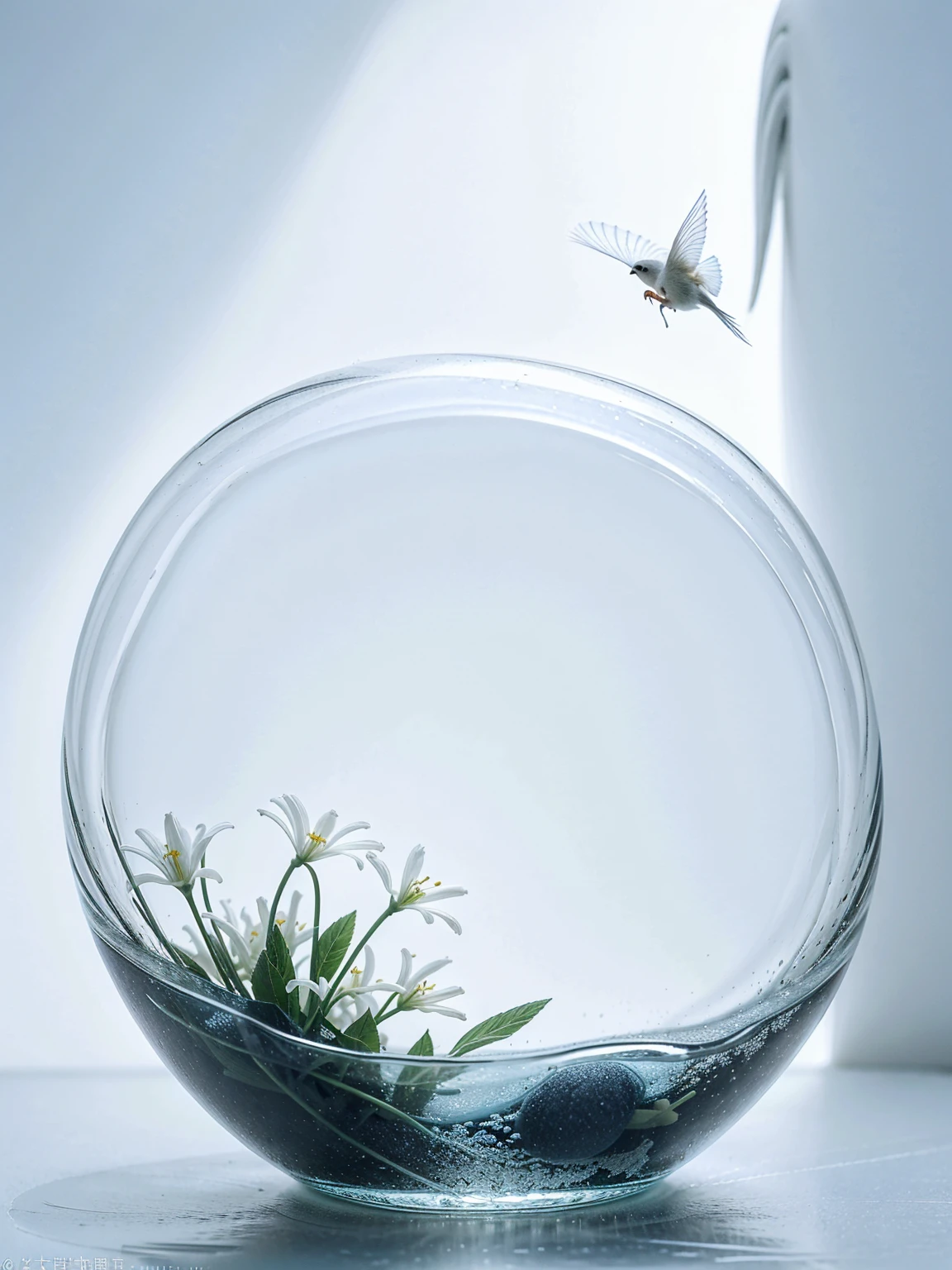 (best quality,4K,8k,high resolution,masterpiece:1.2),Super detailed,(Practical,photoPractical,photo-Practical:1.37), HDR, Chinese traditional style, Vibrant colors, soft light, Ethereal atmosphere, Flowers and birds take flight, Delicate white feathers, shining brightly against the White background (White background:1.5), Mid-ground of flowers and birds, Include his entire body in the frame, Flowers and birds are decorated with intricate patterns inspired by Chinese culture, Flowers of various colors and shapes surround the birds and flowers, Create a vibrant、A lively scene, Enchanting ((fish)) Swimming gracefully in the air with flowers and birds, Add a touch of whimsy to your work, A fragment of stone next to a flower and bird, Symbolizes strength and stability in exquisite beauty, The water below the flowers and birds is clear and reflects the surrounding scenery, 池水Sparkling,Sparkling, Enhances the tranquility of the scene.