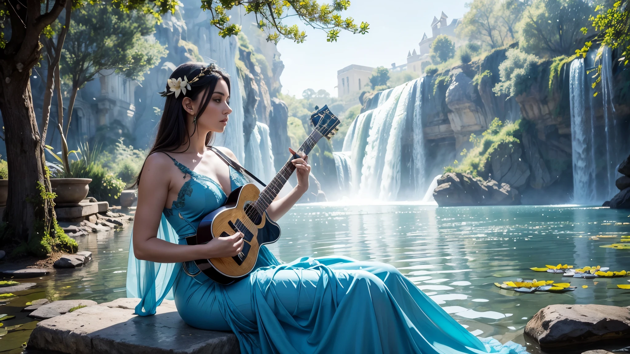 Ancient European beauty sitting on stone playing guitar, wearing ancient European costume, flowing blue tulle, light silk, lazy pose, large lotus leaves, lotus flowers, ink painting style, clean colors, decisive cutting, white space, freehand, masterpiece, super detailed, epic composition, high quality, highest quality, 4k --v 6