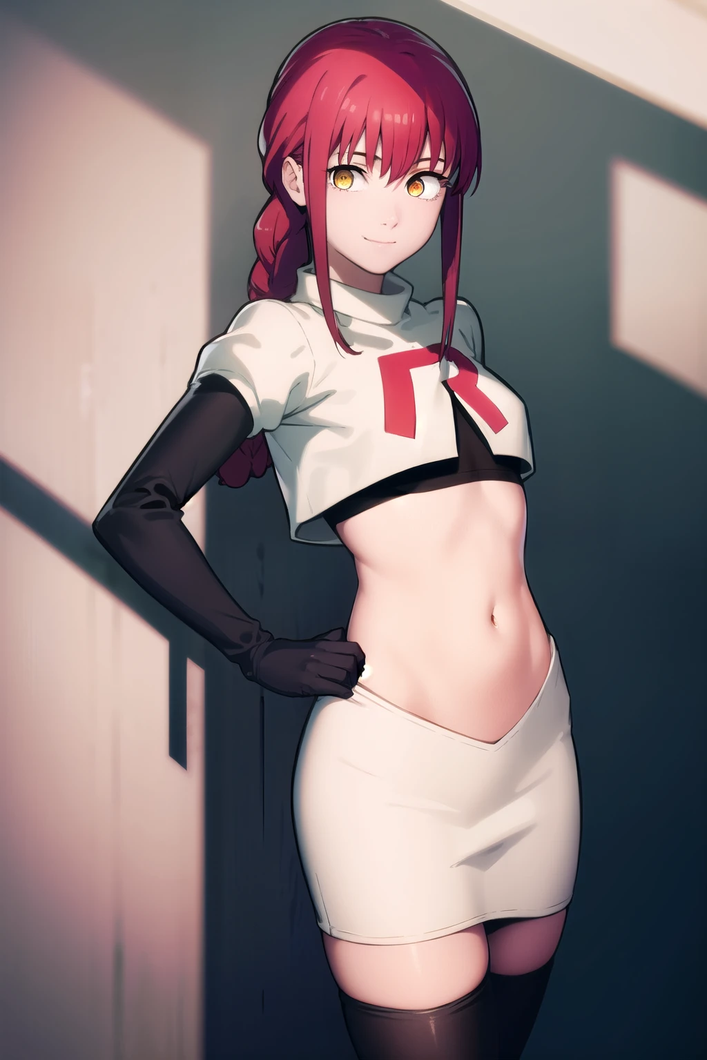 makima, makima, long hair, smile, bangs, small breasts, (yellow eyes:1.2), braid, red hair, braided ponytail, ringed eyes,
BREAK team rocket,team rocket uniform,white skirt,red letter R,crop top,black thigh-highs,black elbow gloves,
BREAK looking at viewer,
BREAK (masterpiece:1.2), best quality, high resolution, unity 8k wallpaper, (illustration:0.8), (beautiful detailed eyes:1.6), extremely detailed face, perfect lighting, extremely detailed CG, (perfect hands, perfect anatomy),
