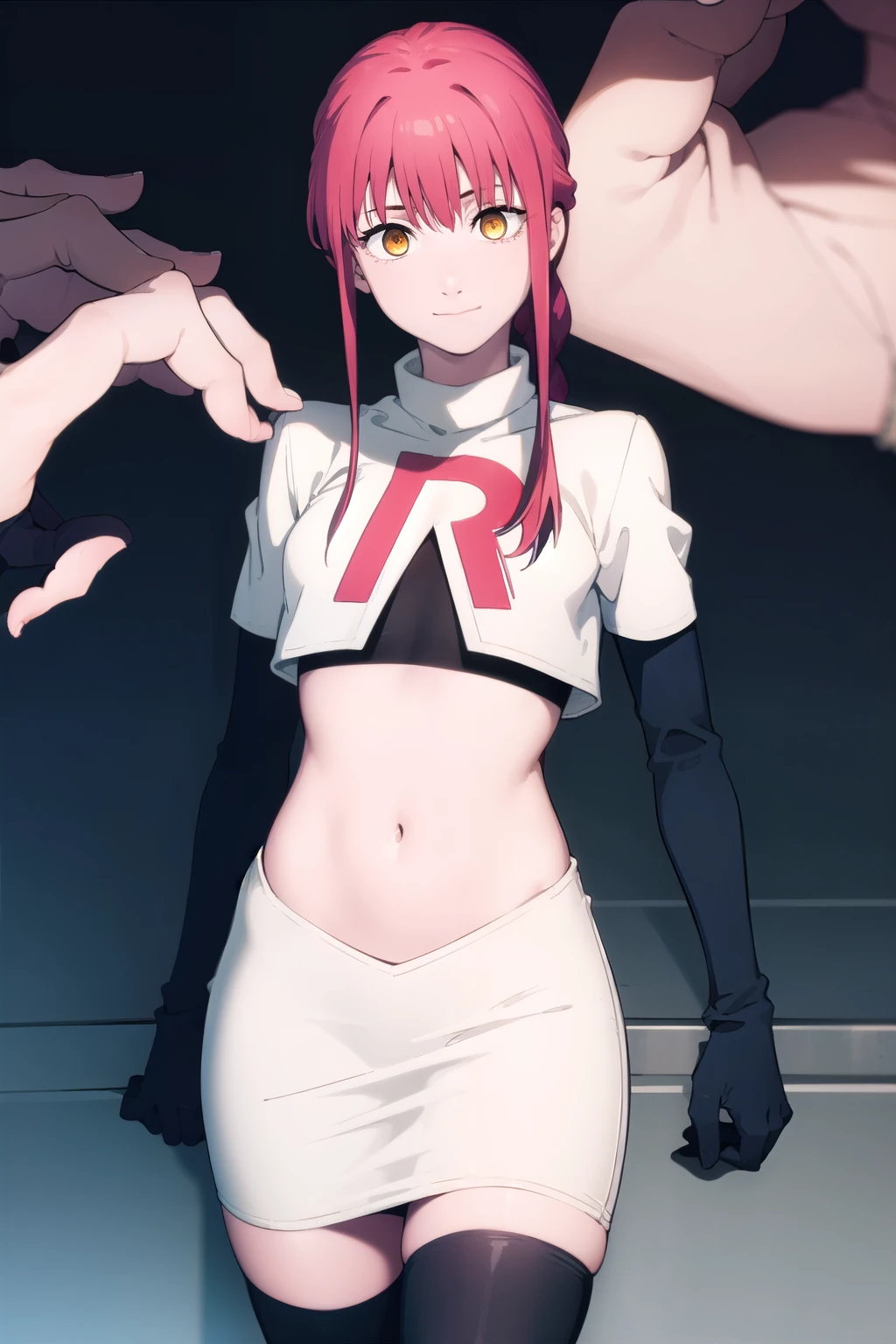 makima, makima, long hair, smile, bangs, small breasts, (yellow eyes:1.2), braid, red hair, braided ponytail, ringed eyes,
BREAK team rocket,team rocket uniform,white skirt,red letter R,crop top,black thigh-highs,black elbow gloves,
BREAK looking at viewer,
BREAK (masterpiece:1.2), best quality, high resolution, unity 8k wallpaper, (illustration:0.8), (beautiful detailed eyes:1.6), extremely detailed face, perfect lighting, extremely detailed CG, (perfect hands, perfect anatomy),