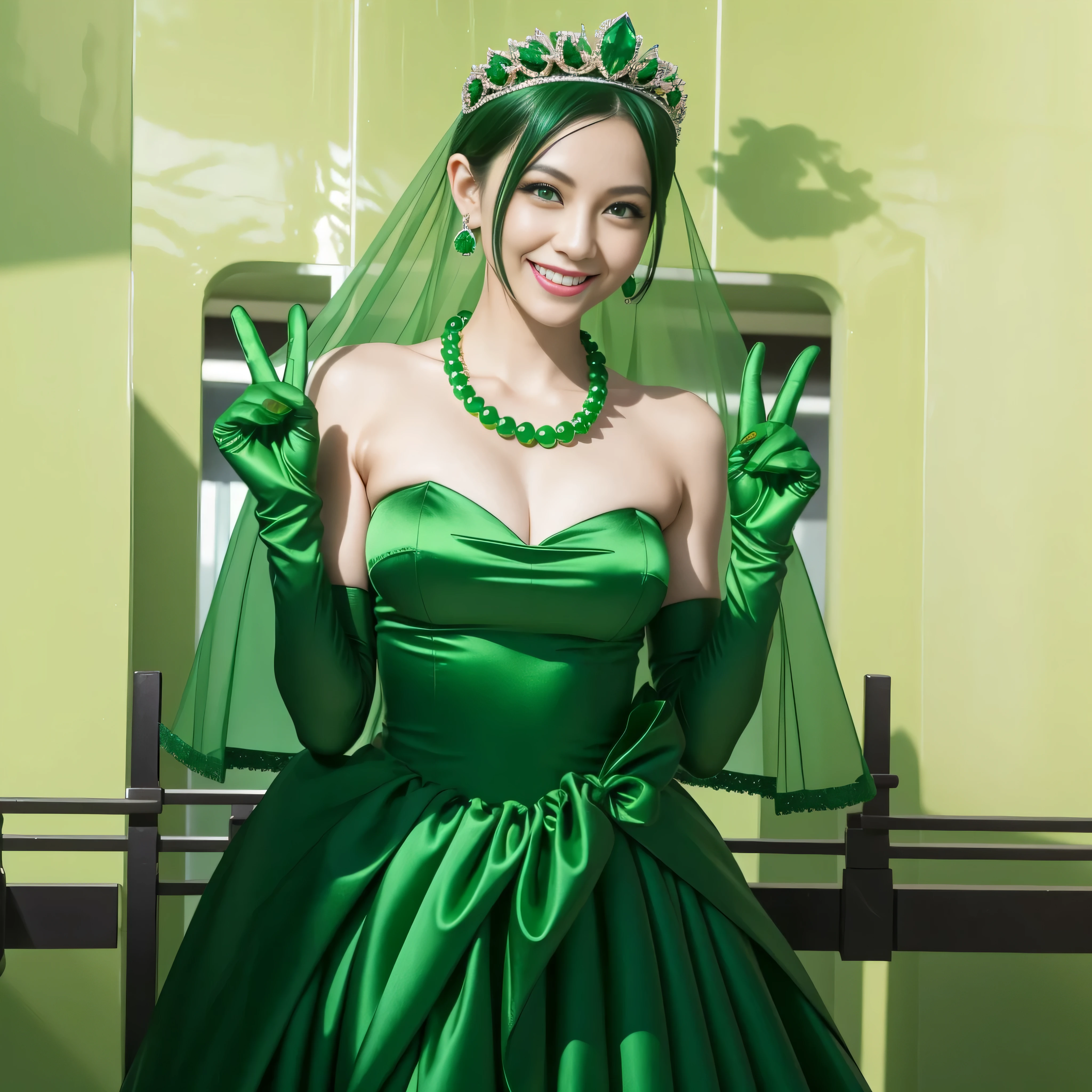 Emerald tiara, Green Pearl Necklace, Boyish very short green hair, lipstick, Smiling Japanese woman, Very short hair, Big tits beautiful, Green Eyes, Long green satin gloves, Green Eyes, v sign, emerald earrings, Green Veil