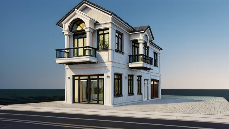 Ultra-realistic 8k, hd image quality, sharp detail, 2-story modern house, main materials: white walls, wooden ceiling accents, large glass windows, roads, cars, sidewalks, American Palm trees high, has a small alley, located in a residential area, modern style, shimmering sky, sunset light, feels peaceful, beautiful, close and warm, ((Warm light from indoor:1.3)), (daylight:1.2), perfect lighting,dynamic light,2 large glass doors,(((1 large glass window:1.3))), (night light), (colorful flowers in front of the house)