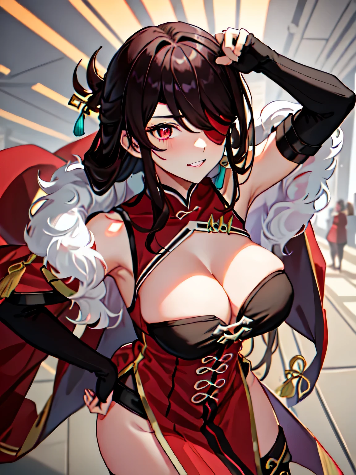 1 girl, highest quality, masterpiece, High resolution, one person in, {Beidou_Genshin:1.15}, length_hair, eyepinch, red_eyes, Brown_hair, hair_ornament, hair_that&#39;s all_One_eye, chest, One_eye_covered, hairpin, smile, hair_stick, jewelry, front hair, earrings, big_chest, cleavage, 1 girl, Chinese_Clothes, gloves, looking for_in_viewer, fingerless_gloves, fur_trim, black_gloves, Holding armpit pose, Broke up_lips blowjob, squat,big penis,throw,   breast press, Completely naked, (how:1.5),  :>=