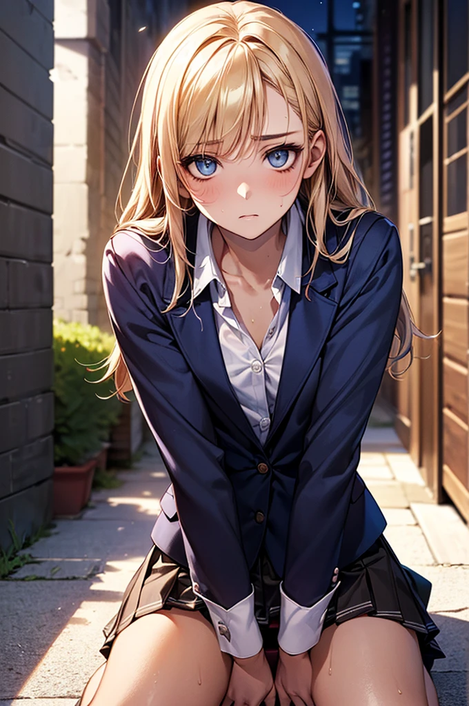 (((night,真night中))),((Perfect Anatomy:1.2,Realistic:1.3,Raw photo:1.3,masterpiece、highest quality、Ultra - High resolution、High resolution、Extremely detailed CG、8k)),Cowboy Shot,((attractive way to sit)),((((Crouching pose)))),1 female,alone,18-year-old、High school girl beautiful girl,Japanese,((Beautiful and exquisite face and eyes:1.2,Big beautiful eyes:1.3,)),((Beautiful woman))、Blonde,Long Hair,(Center parted hair:1.4,amount),Medium chest,((slim body)),Small Head:1.3,skinny,(Brown Skin:1.4),(Oily skin,Glowing Skin,Shiny skin,Sweat:1.2),(school uniform、Dark blue blazer jacket、Checkered pleated mini skirt),Dirty back alley、Tokyo、((Turn your body forward))、((((show panty)))),(lonely),((Feeling melancholy))、Stick out your crotch、(sad)、(Apathy),(Lucky)、((Expressionless))