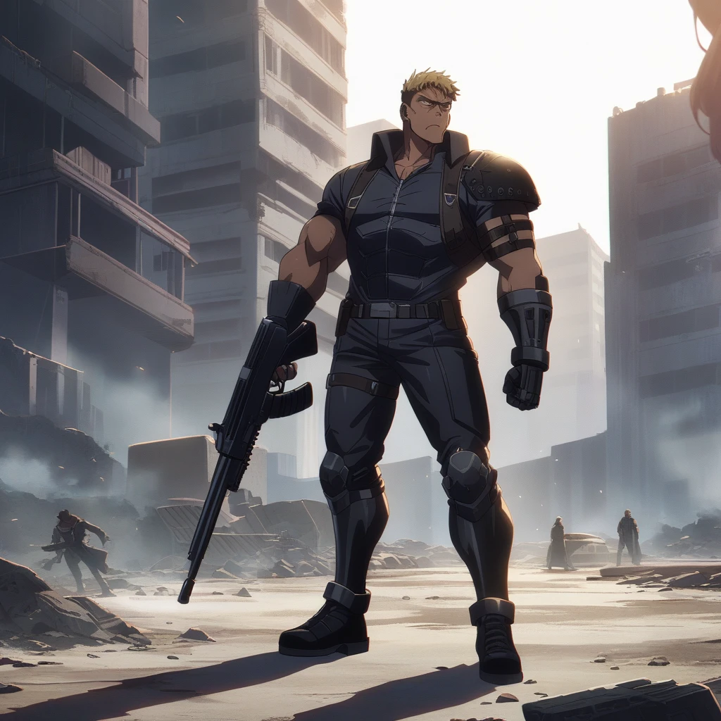 1guy, muscular, Science Fiction, solo, male ideal ratio body proportions, latex bodysuit, fullbody, 40yo, facial wrinkles, gunslinger, trench coat, blonde, wolfcut, looking at veiwer, Post-apocalyptic, ruined city, [gauntlet, shoulder armor, greaves], gun-kata action, 1990s, cinematic shadows, cinematic lighting, lens flare, light leaks, blowing hard, [[[wideshot]]], [[[[[anime screencap]]]]], VHS quality