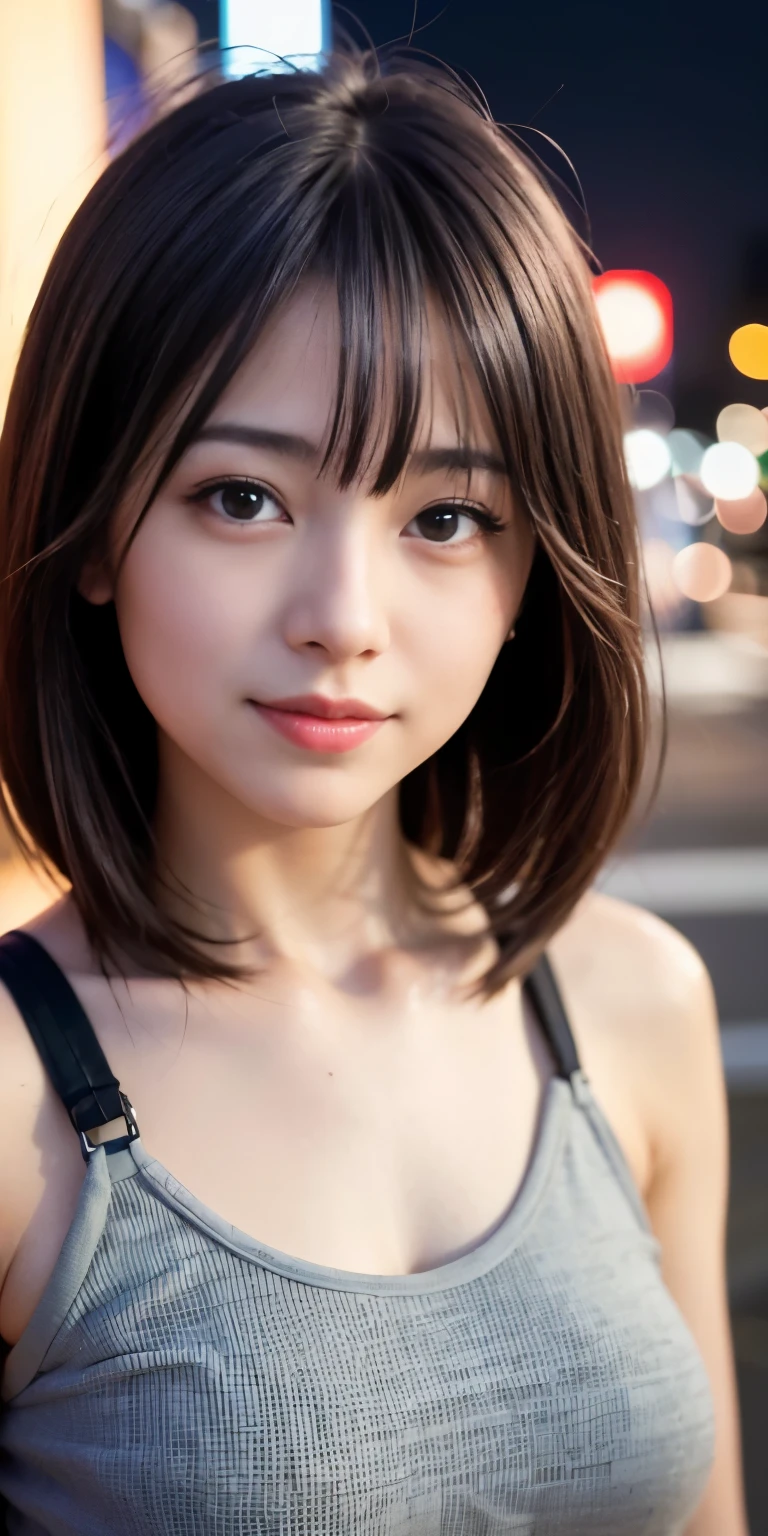1 Girl, Tokyo Street,night, Streetscape,City lights,Upper Body,close,smile,, (8K, Raw photo, highest quality, masterpiece:1.2),(Realistic, photo-Realistic:1.37),