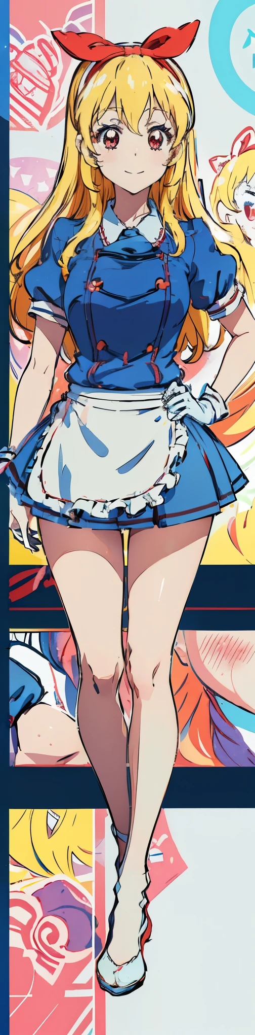 1girl in, (Chiquita:1.2), Kaho Hinata,hosimiya ichigo ,RED Ribbon on HAIRband, waitress, frilld, Blue shirt, waist apron, puffy short sleeves, blueskirt, thighs thighs thighs thighs, white glove, 

(Close Shot, Best Quality, hight resolution, 4K, Detailed Lighting, Shaders, NSFW), 

Smiling,