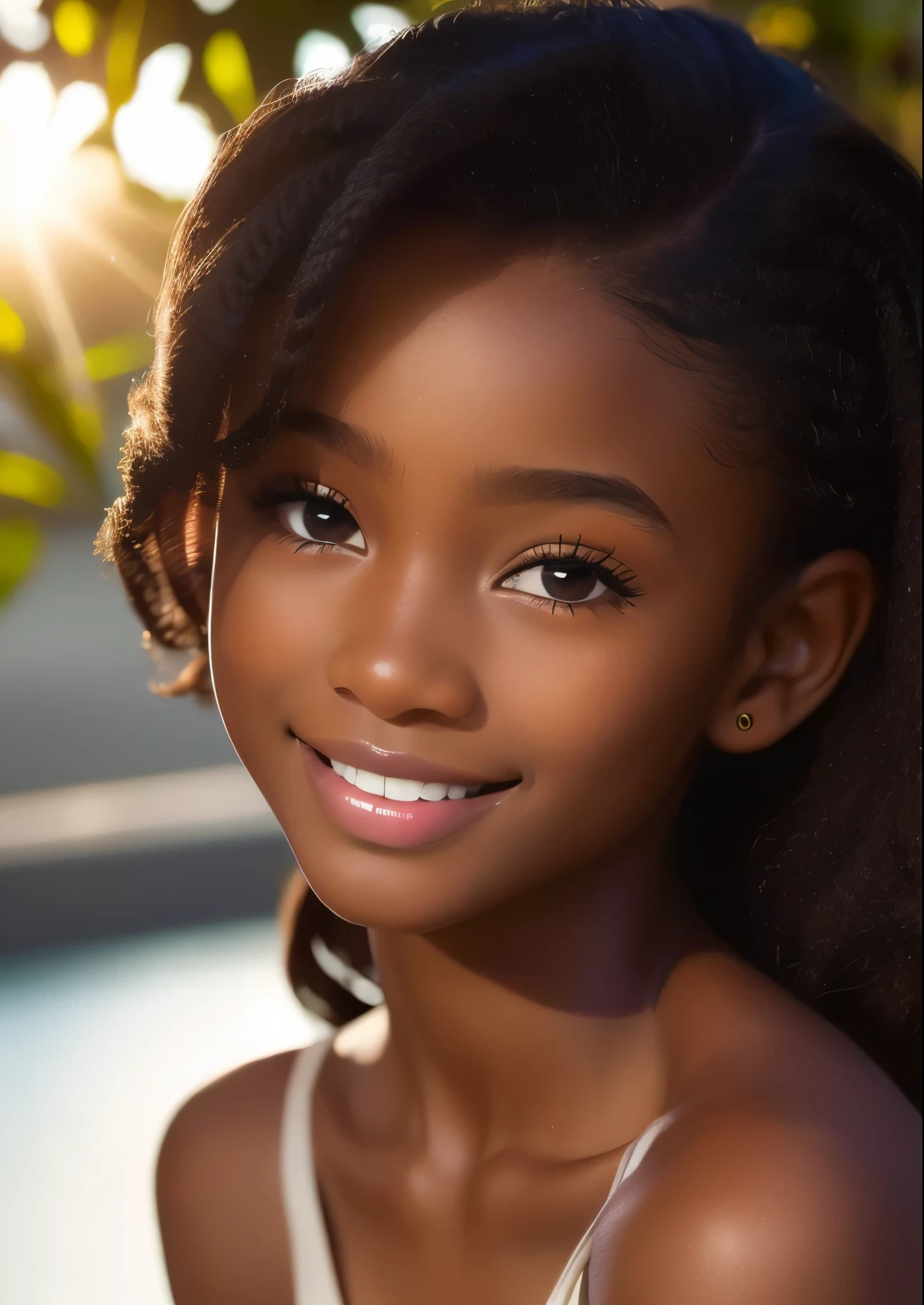 (portrait, editorial photograph) (beautiful black girl), adorable face, long brown curly hair, hazel eyes, by lee jeffries, nikon d850, film stock photograph ,4 kodak portra 400 ,camera f1.6 lens ,rich colors ,hyper realistic ,lifelike texture, dramatic lighting, (highly detailed face:1.4), perfect eyes, realistic iris, perfect teeth, (smile:0.7), (background dark, shadow of the leaves, moody, cleavage), sun rising, early morning light, Wishing for something, masterpiece, best quality, photorealistic, Citizen of Guinea-Bissau, very cute super model, perfect anatomy, skinny, ((1 girl)), (colorful reflections in the eye), (nudist), (smiling, white teeth), small nipples
